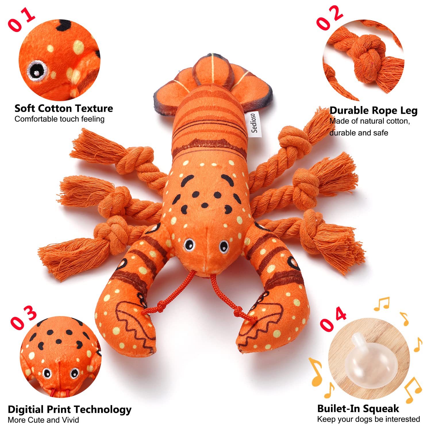 Sedioso Dog Toys, Dog Plush Toy For Large Breed, Cute Squeaky Dog Toys With Crinkle Paper , Dog Chew Toys For Puppy, Small, Middle, Big Dogs (Lobster)
