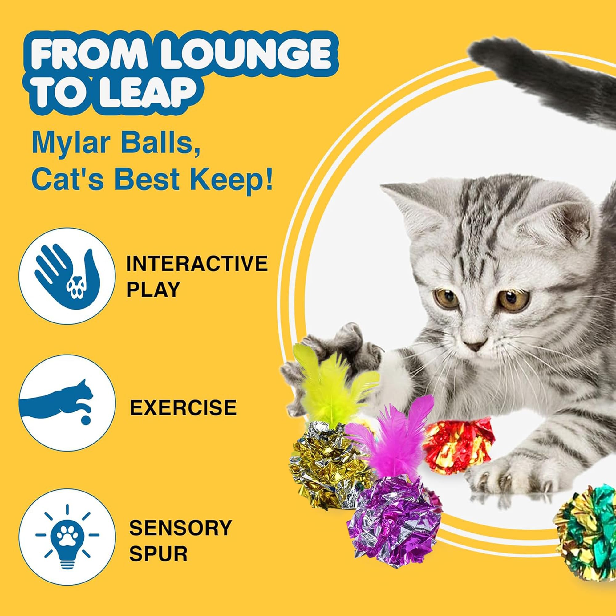 Sungrow Mylar Crinkle Balls With Feathers, 2.5-Inches, Shiny Stress Buster Crinkler, Suitable For Multiple Cats' Engagement, Ide