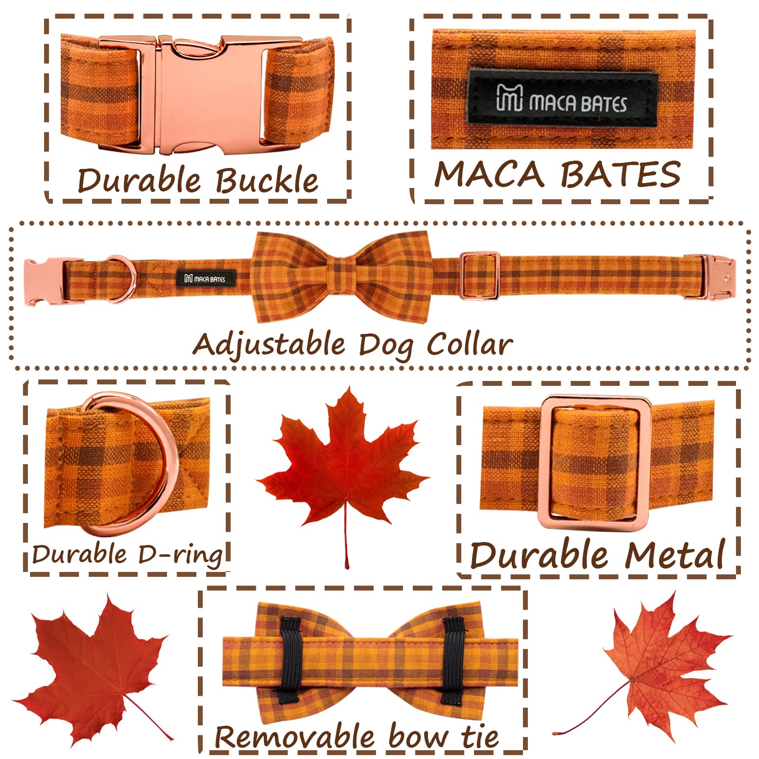 Maca Bates Fall Dog Collar With Bow Tie Soft Cotton Pumpkin Plaid Dogs Collars With Bowtie Checkered Halloween Thanksgiving Day Adjustable Puppy Colar For Small Medium Large Girl Boy Male Female Pet