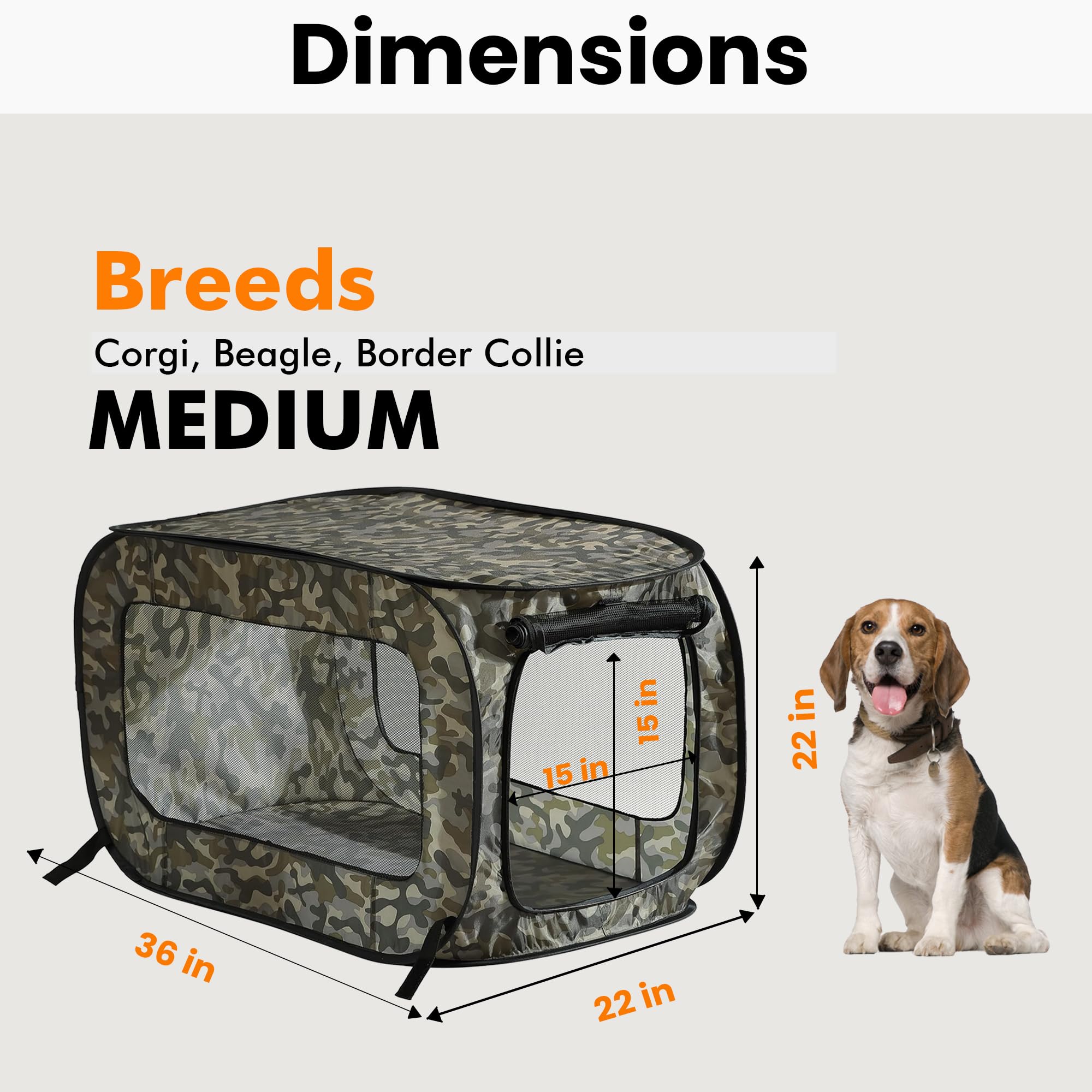 Beatrice Home Fashions Portable Pop Up Kennel, Camo Green, 36"x22"x22", Collapsible Travel Crate for Cats and Dogs