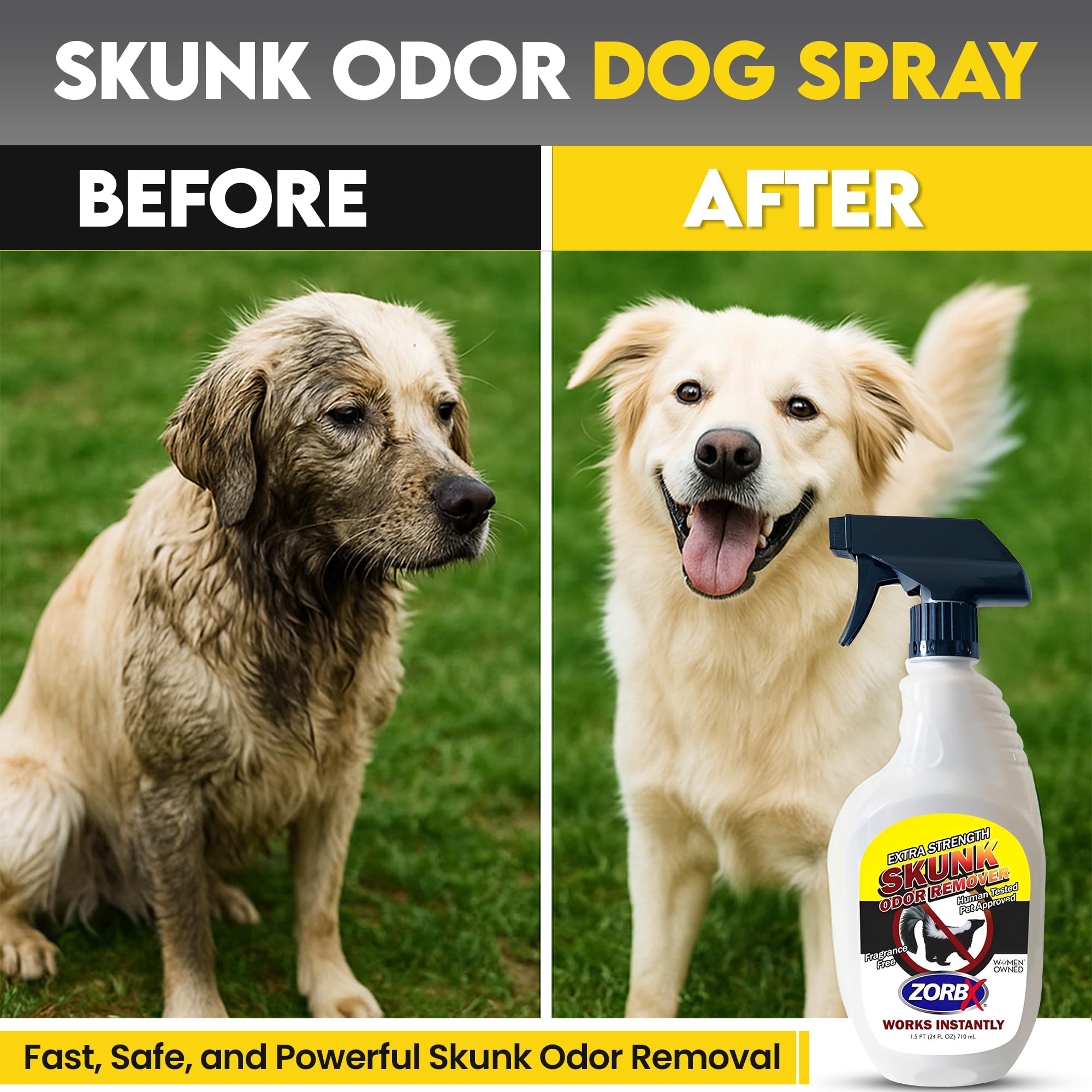 Zorbx Unscented Skunk Odor Remover Spray - Fast Acting Skunk Smell Removal | Extra Strength Skunk Odor Eliminator For Dogs, House, Home, Car, Clothes & Furniture (24 Fl Oz.)