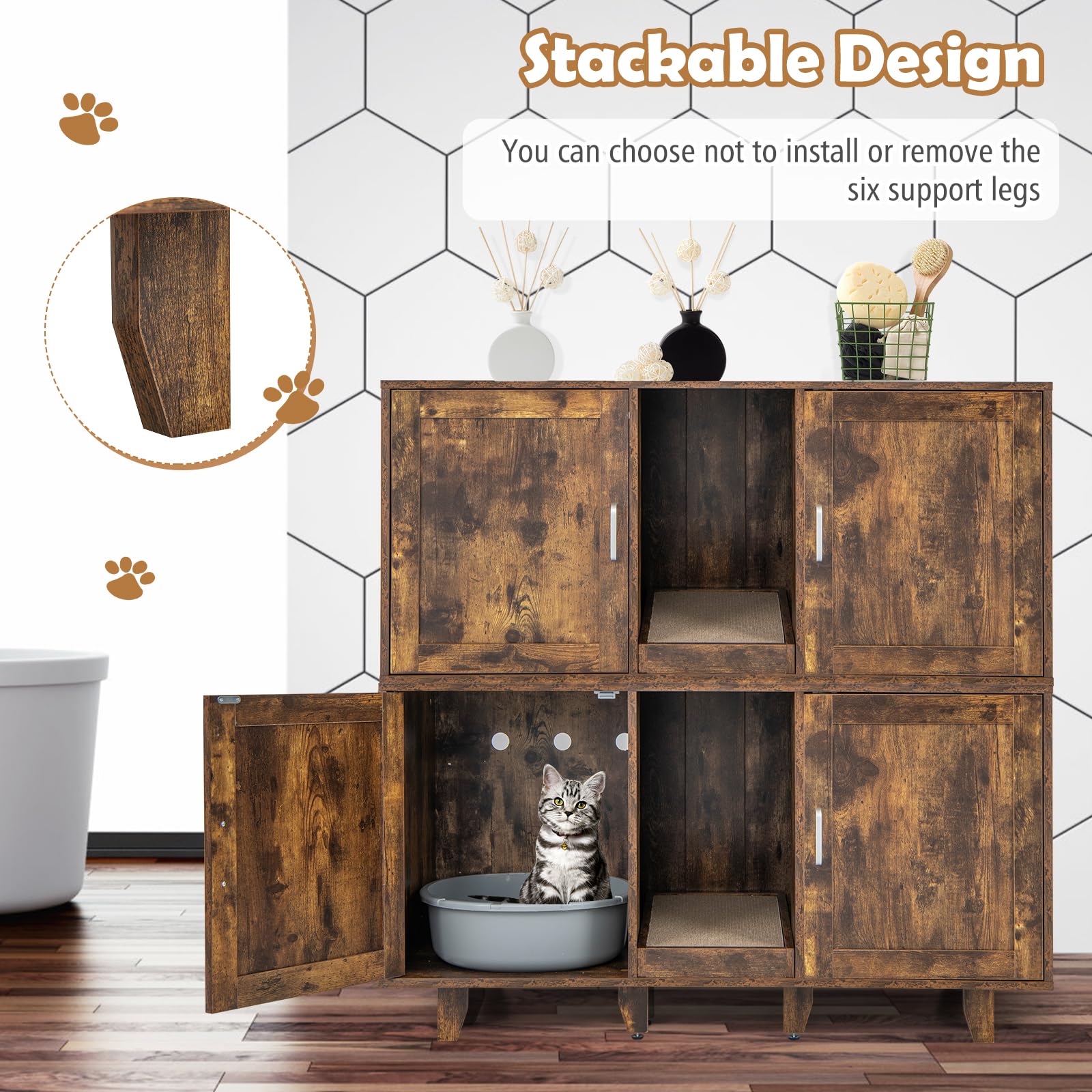 Petsite Litter Box Enclosure For 2 Litter Boxes, Hidden Cat Washroom Tv Stand End Table With 2 Cabinet, Scratching Board, Indoor Cat Litter Furniture (Rustic Brown)