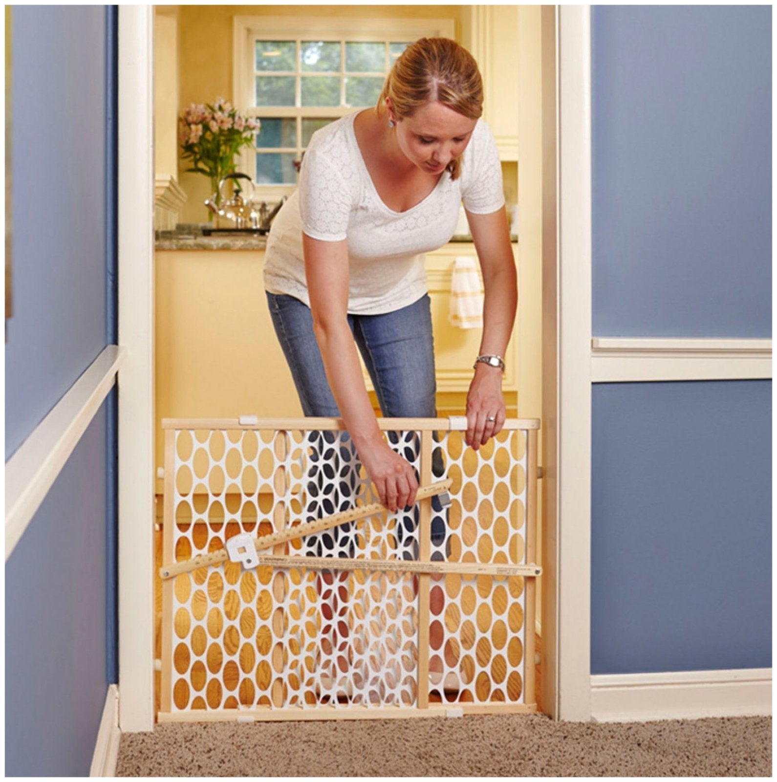 Toddleroo By North States Quick Fit Oval Mesh Wooden Baby Gate: 26.5'- 42' Wide. Pressure Mounted Baby Gate For Doorway. Tension Lever For Quick Custom Fit. (23' Tall, Sustainable Hardwood)