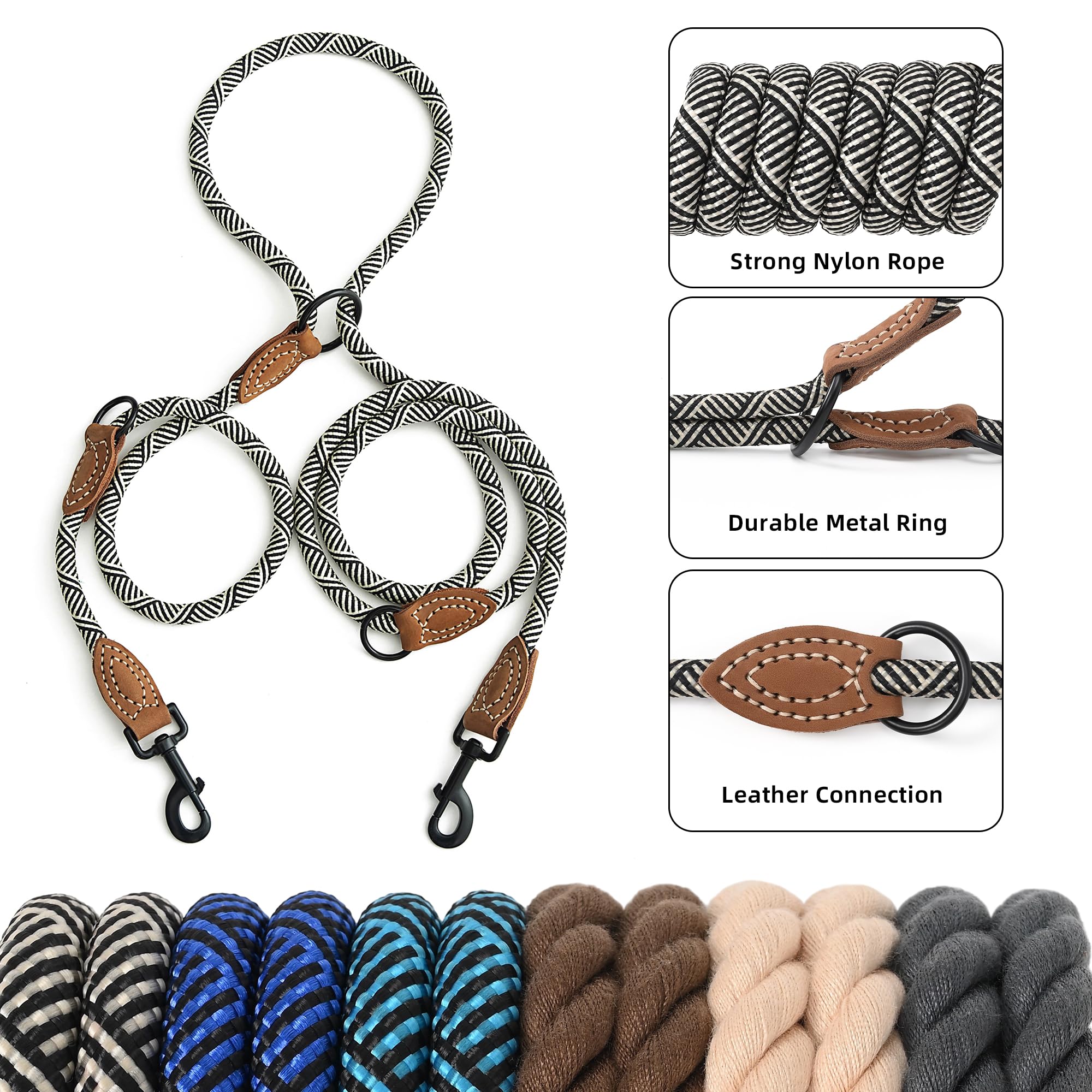 Mile High Life | Double Dogs Rope Leash | Dog Slip Lead | Dual Configuration | Mountain Climbing Rope W Leather Tailored Connect