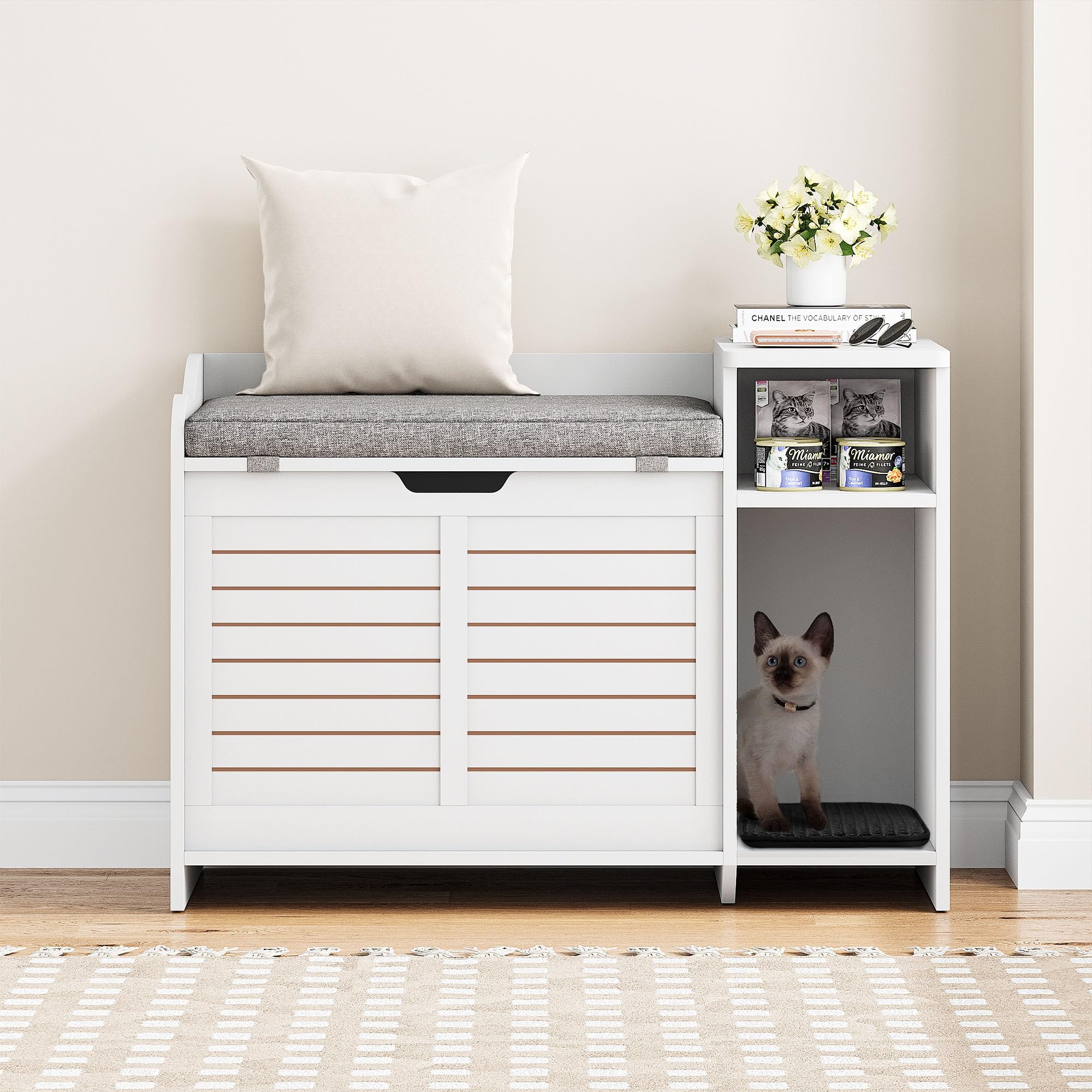 Wooden Cat Litter Box Enclosures with Storage Shelf - Hidden Litter Box Furniture for Cat with Cushion & Mat - Litter Box Cabine