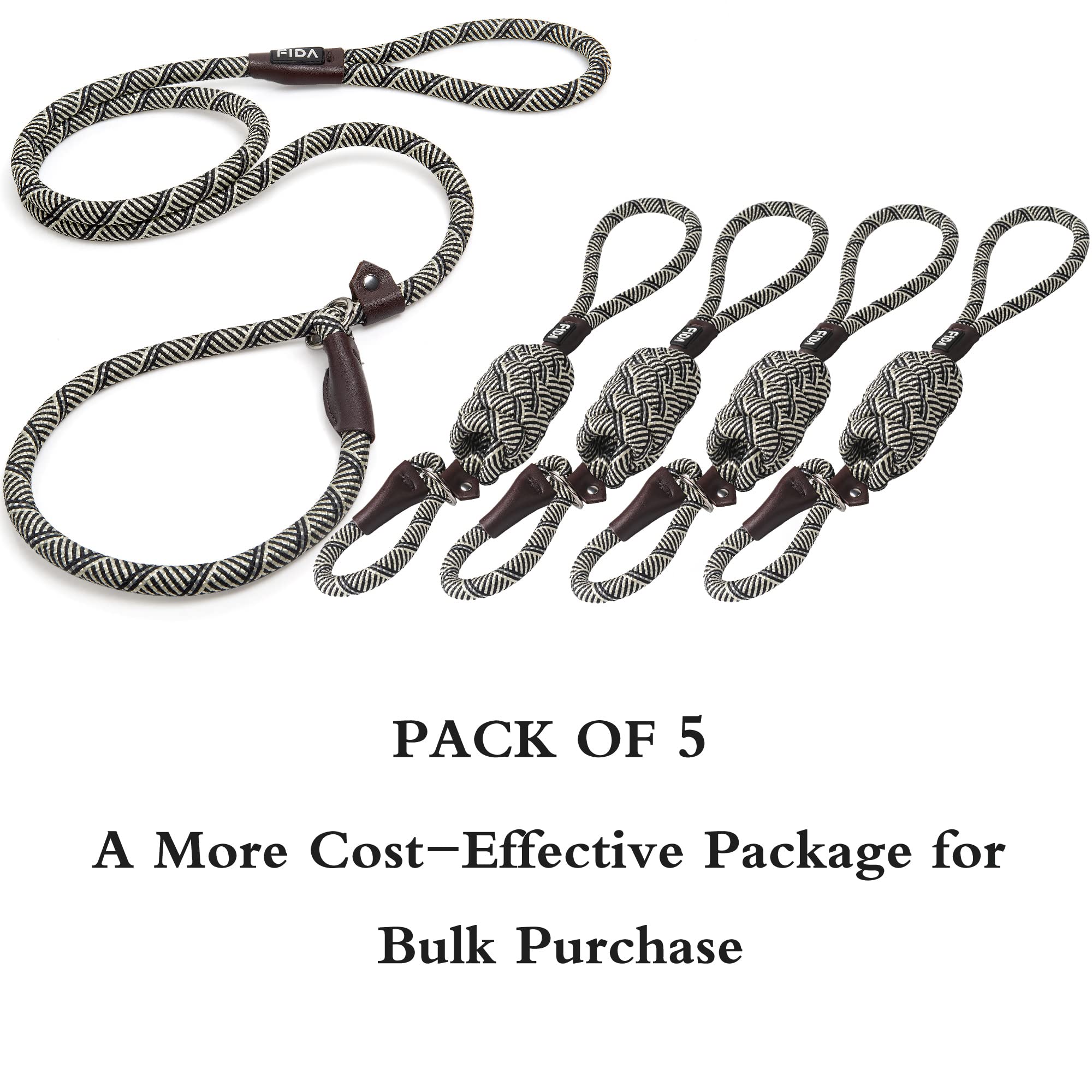 Fida Durable Slip Lead Dog Leash Bulk Pack Of 5, Heavy Duty 1/2' X 6 Ft Comfortable Strong Rope Slip Leash For Large, Medium & Small Dogs No Pulling Pet Training Leash With Highly Reflective (Grey)