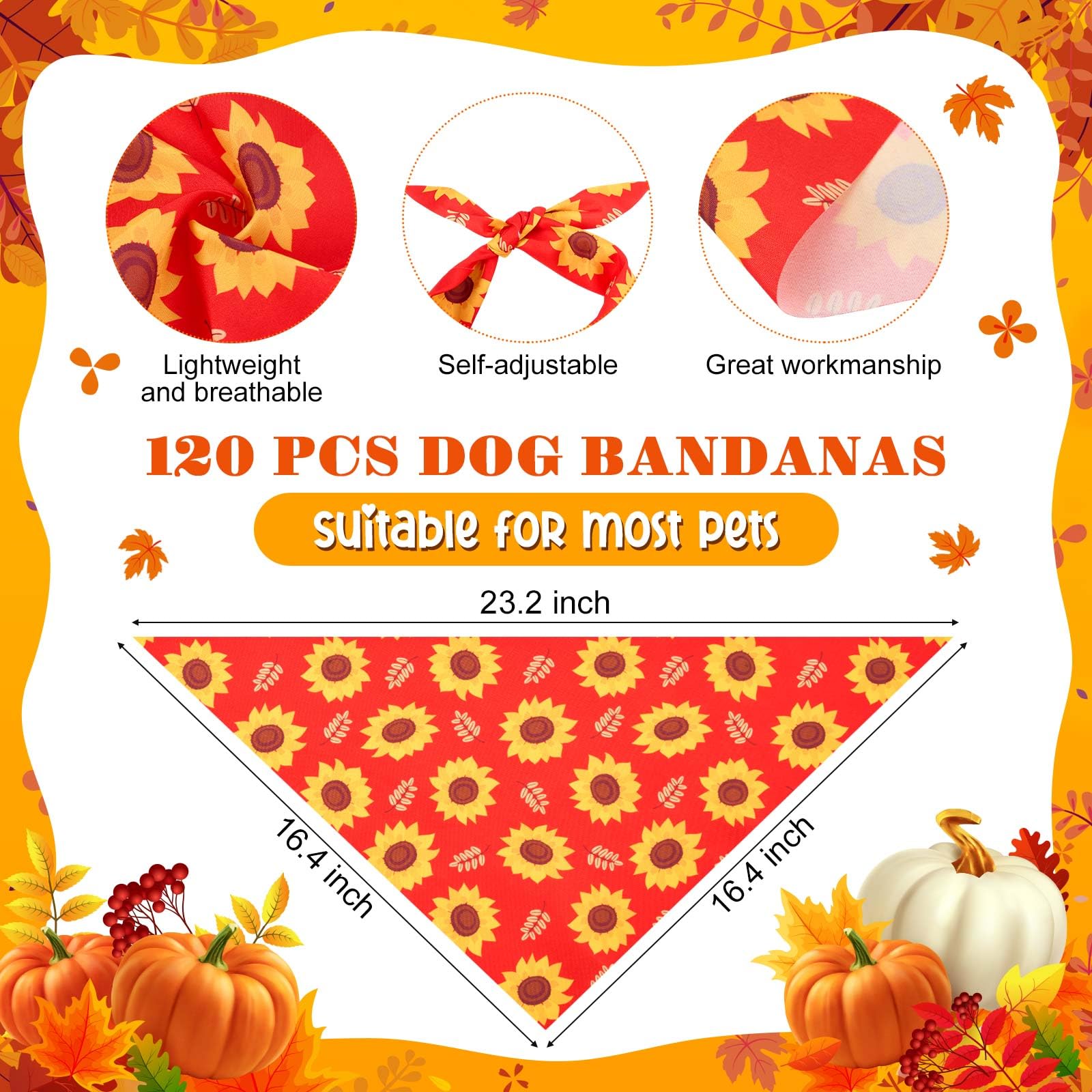 Sanwuta 120 Pcs Fall Thanksgiving Dog Bandanas Bulk, Dog Scarves for Small Medium Large Dogs Cats, Adjustable Triangle Pet Banda