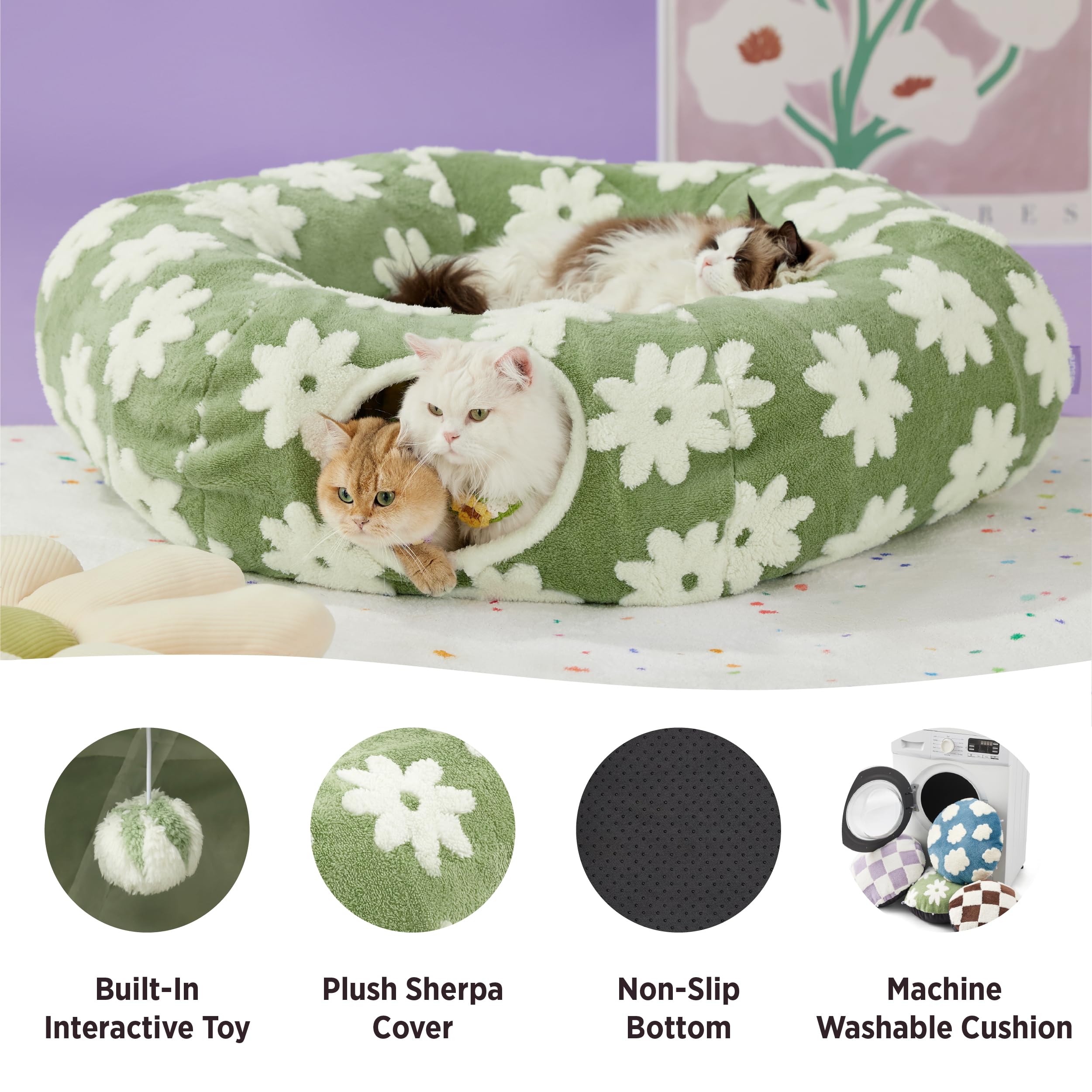 Lesure Large Cat Tunnel Bed - Cute Donut Bed For Indoor Cats With Washable Circle Cushion, Round Pet Peekaboo Cave Toy For Multi