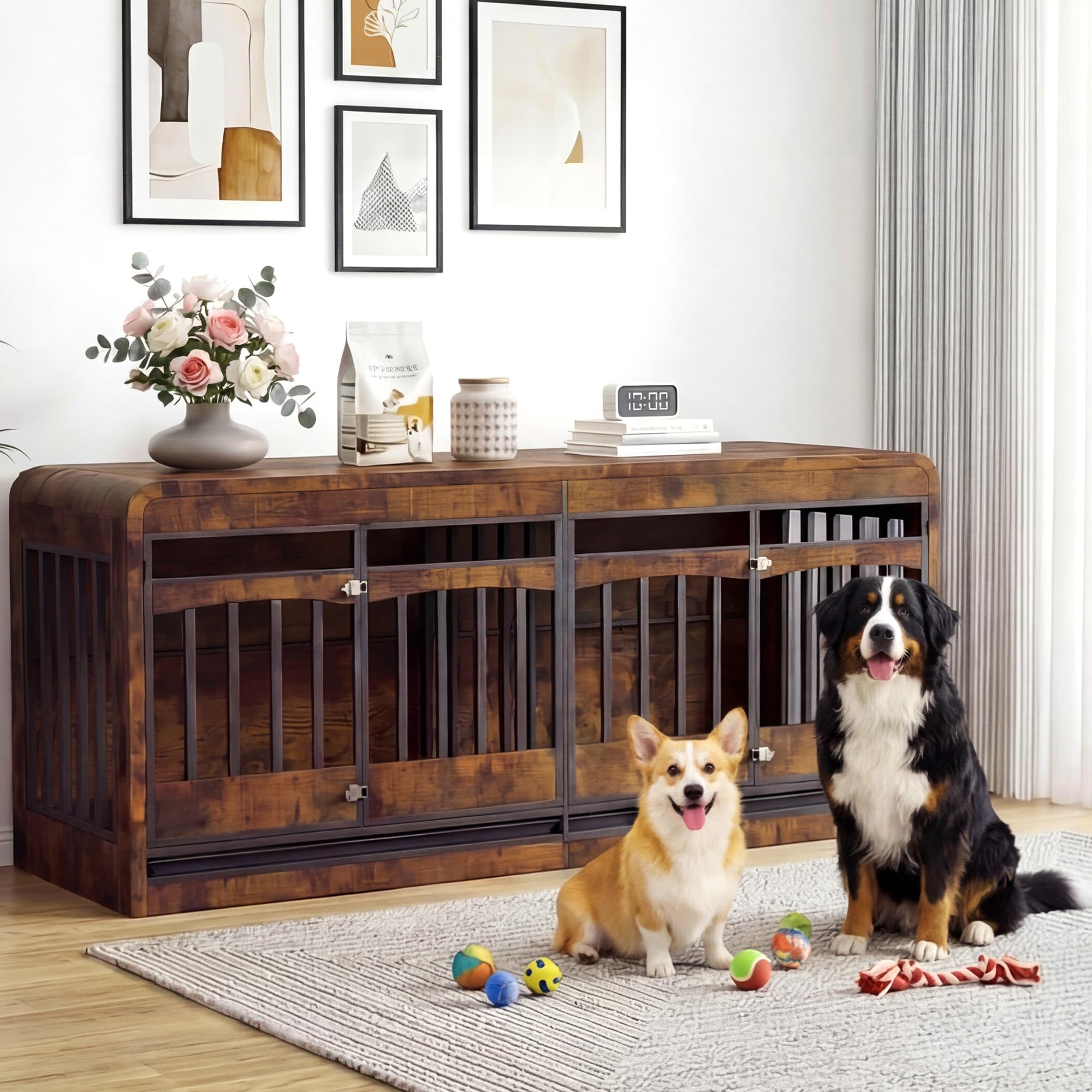 Homiflex 72 Double Dog Crate Furniture, Dog Crates for 2 Medium Large Dogs, Dog Cage TV Stand Side Table Wooden Indoor Dog Kenne