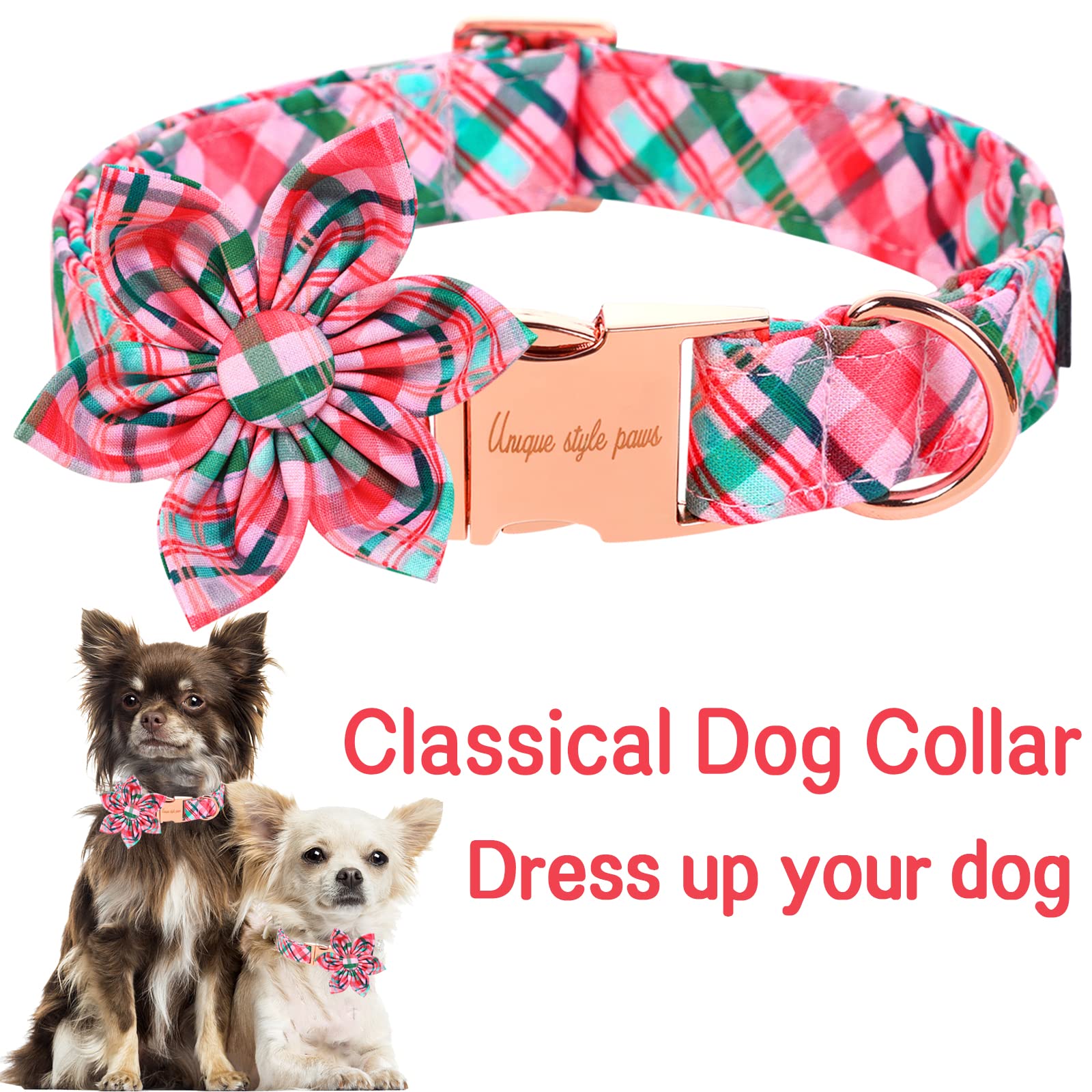 Unique Style Paws Dog Collar With Flower Pink & Green Plaid Dog Collar Best Gifts For Small Medium Large Dogs -L