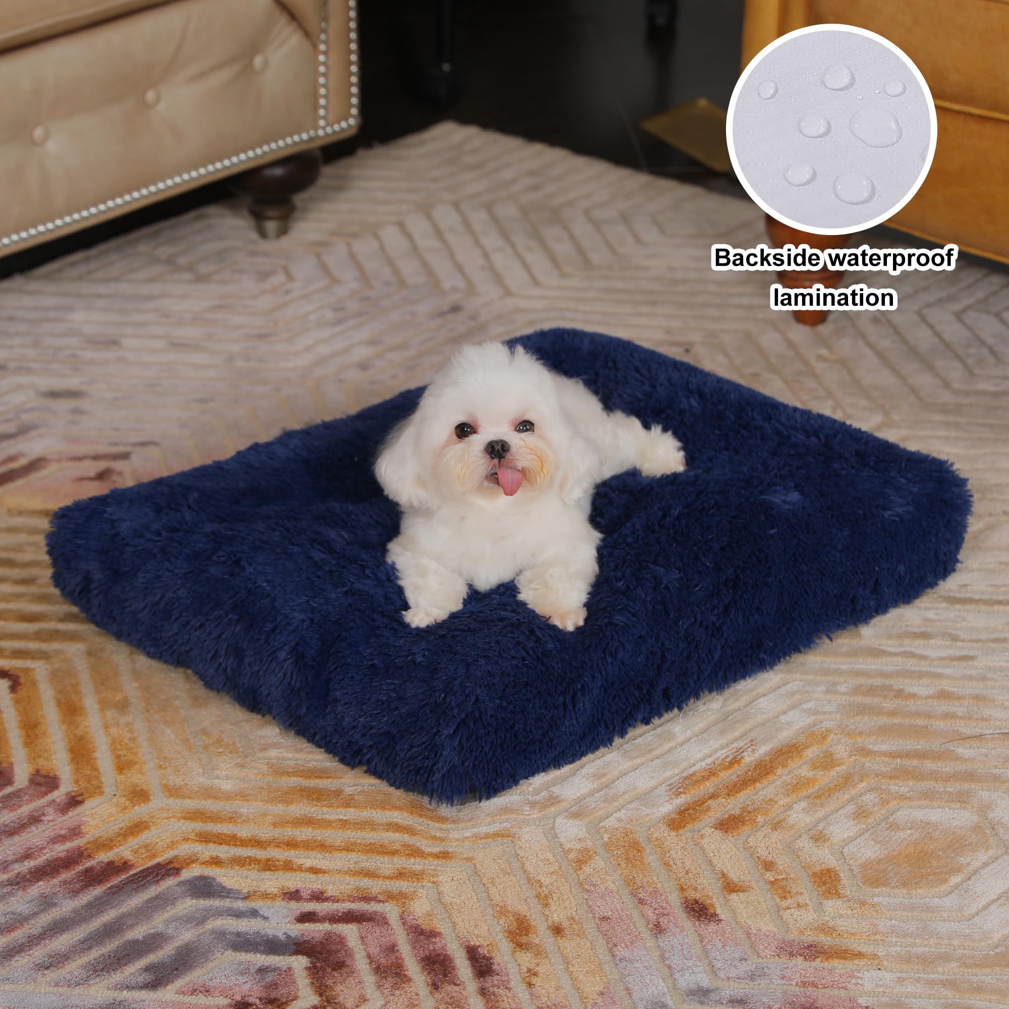 Bedfolks Waterproof Dog Crate Pad, Plush Dog Kennel Bed With Removable Cover, Faux Fur, Washable, 21''X13'', Dark Blue