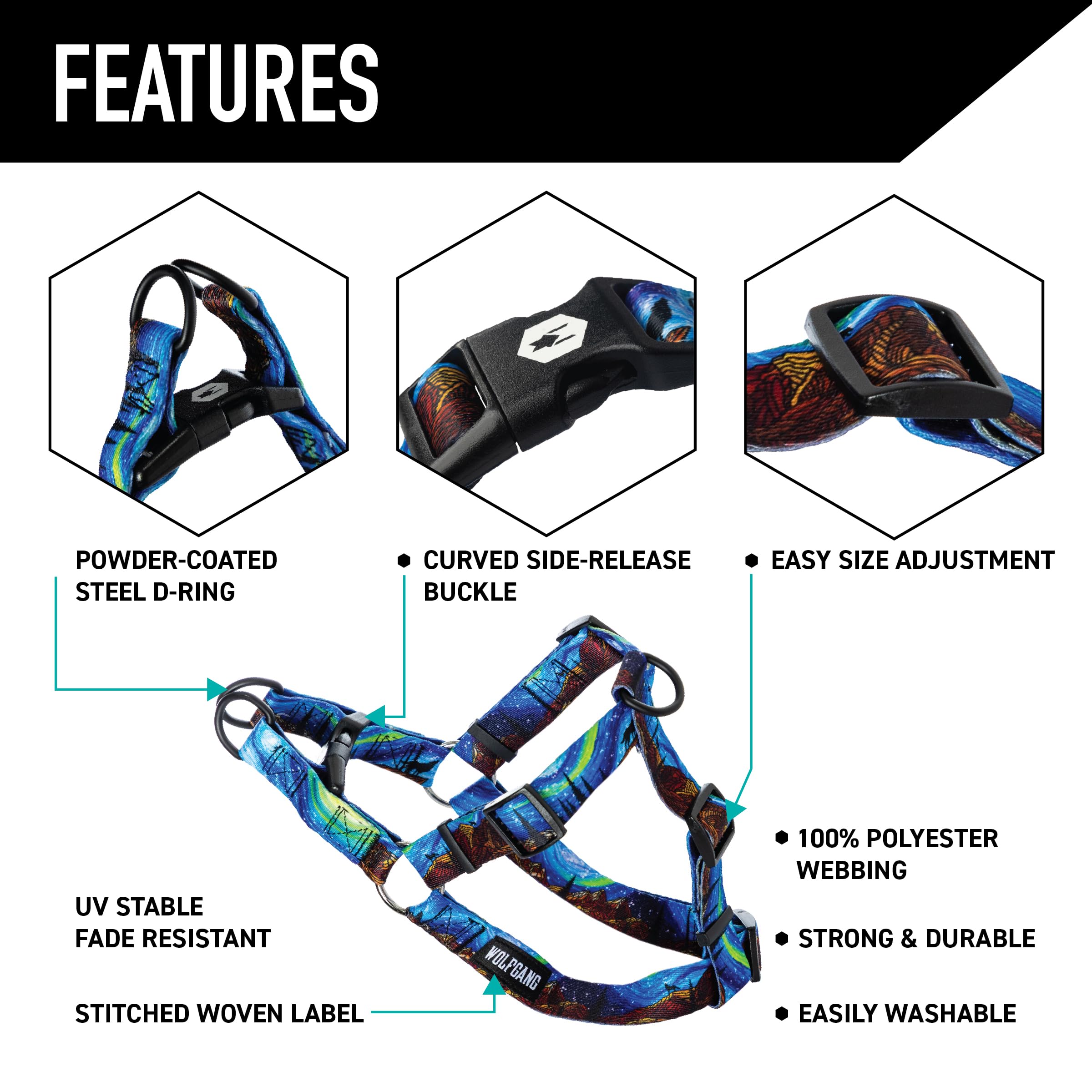 Wolfgang Heavy Duty Adjustable Dog Harness, Pull-Tested for Walking & Training, StarryWolf Print, Medium