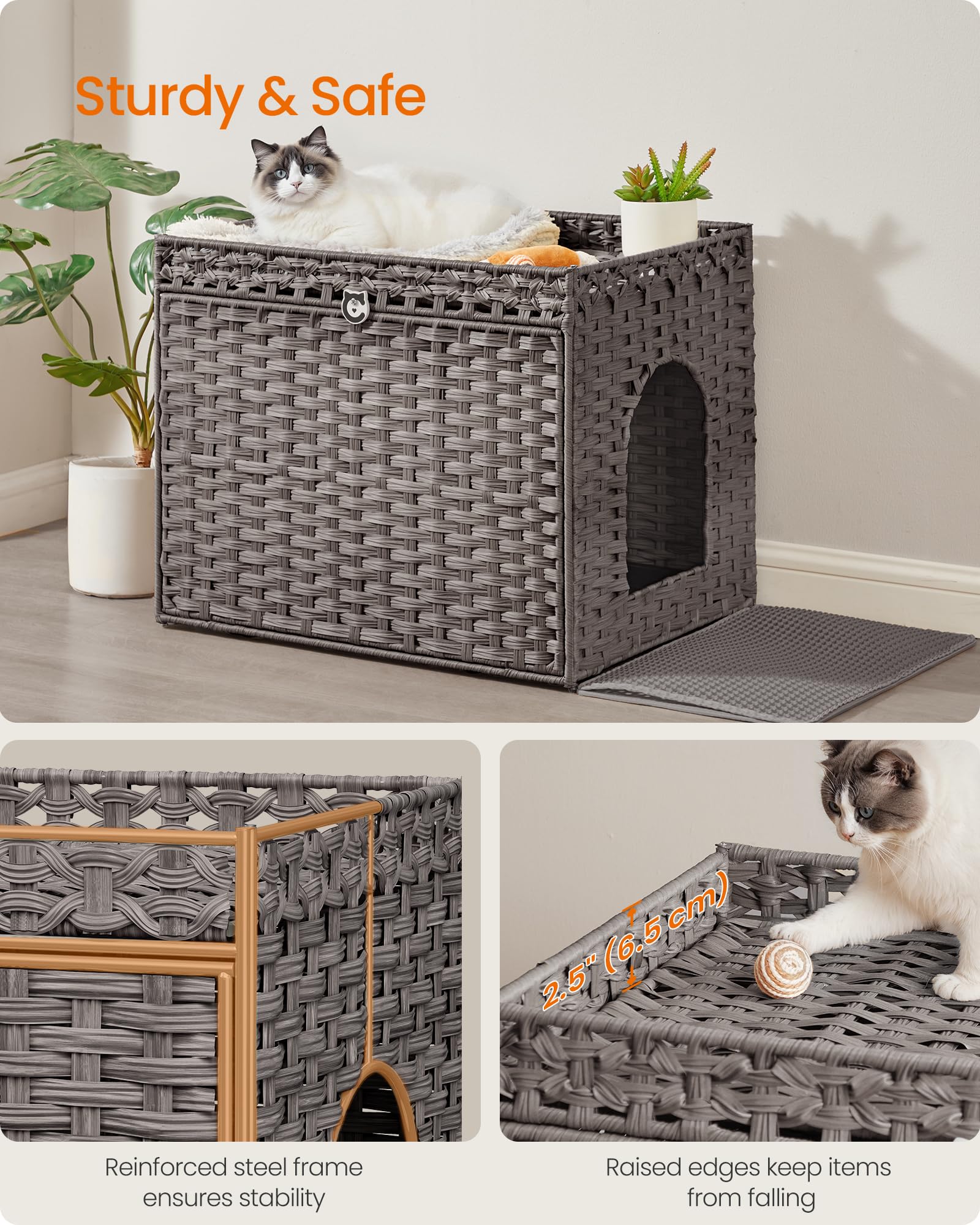 Feandrea Cat Litter Box Enclosure, Handwoven Rattan, Dove Gray, 27.5" L x 20.5" W x 22" H, Removable Tray,