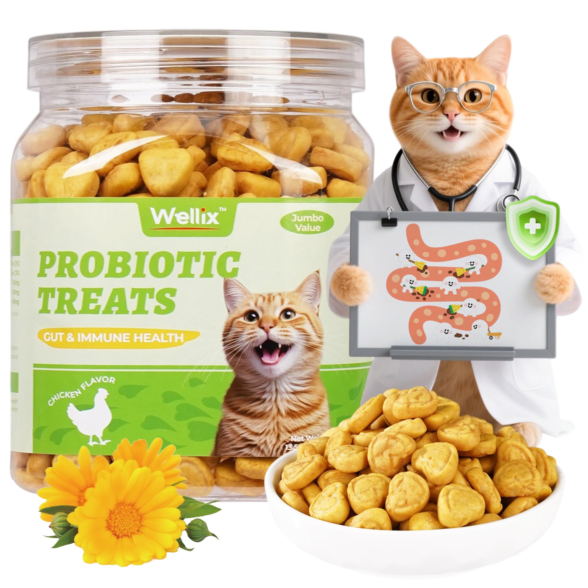 Wellix 13.5oz Probiotic Health Supplement Cat Treats for Indoor Cats - Chicken Flavor Kitten Snacks for Gut+Immune Health - Add 