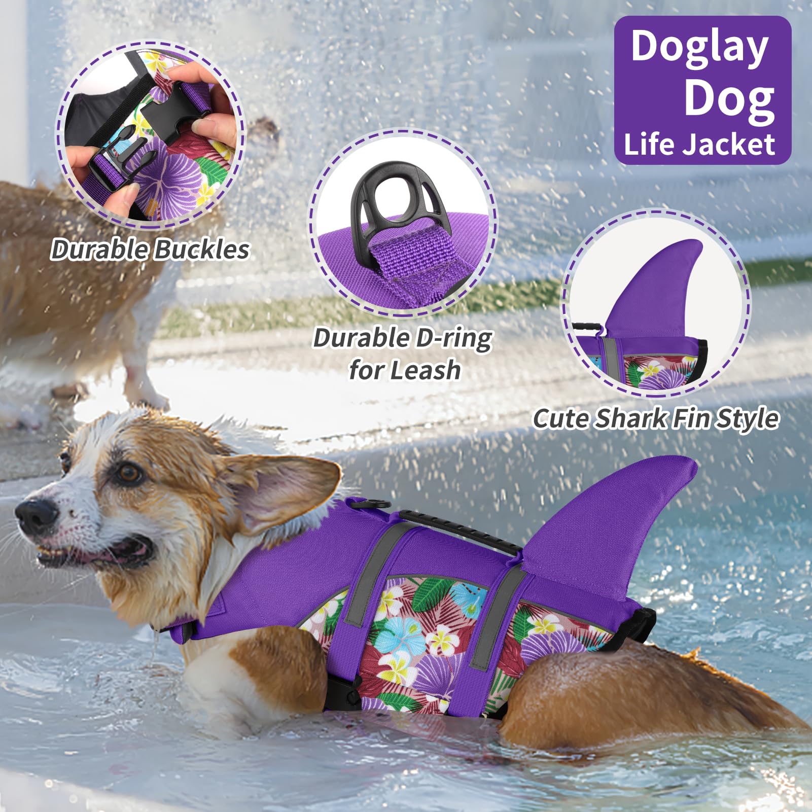 Doglay Dog Life Jacket Shark, Ripstop Dog Life Vests For Swimming Boating With High Buoyancy And Rescue Handle, Adjustable Dog L