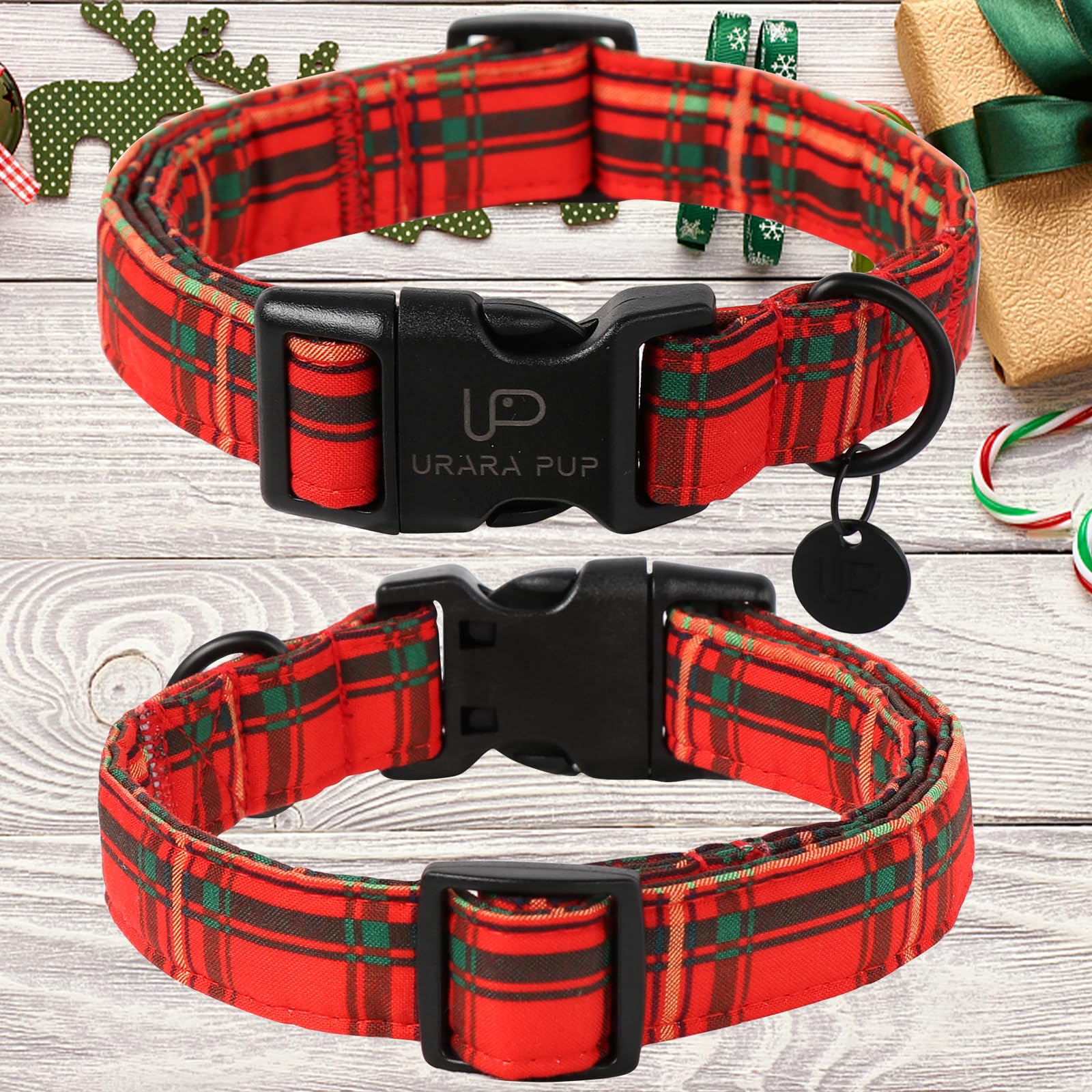 Up Urara Pup Christmas Dog Collar,Red Plaid Christmas Plaid Pet Collar With Quick Release,Adjustable Red Plaid Puppy Collar For