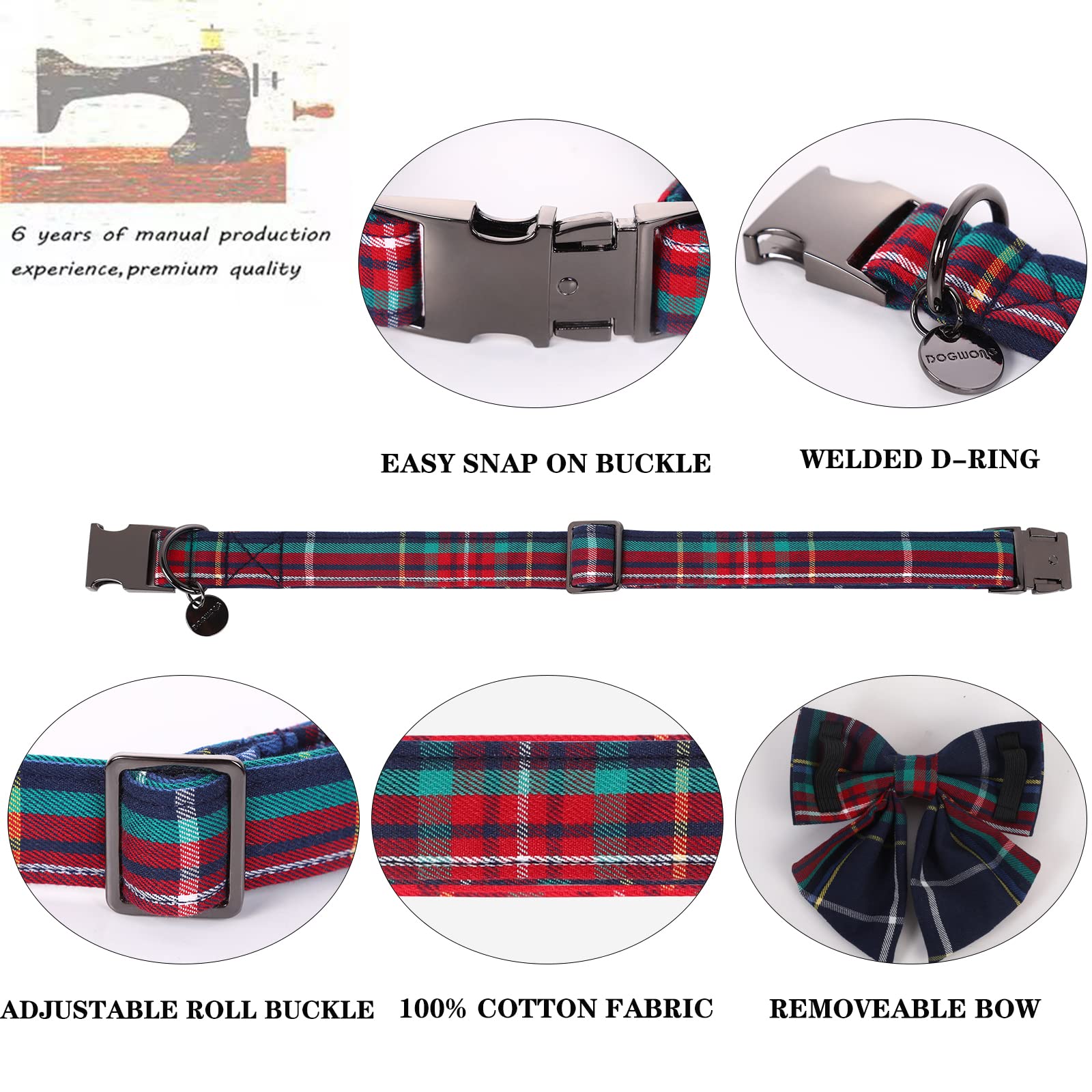 Dogwong Christmas Dog Collar With Sailor Bow Tie, Red Blue Plaid Dog Collar Soft Durable Adjustable Cotton Blue Tartan Gingham P