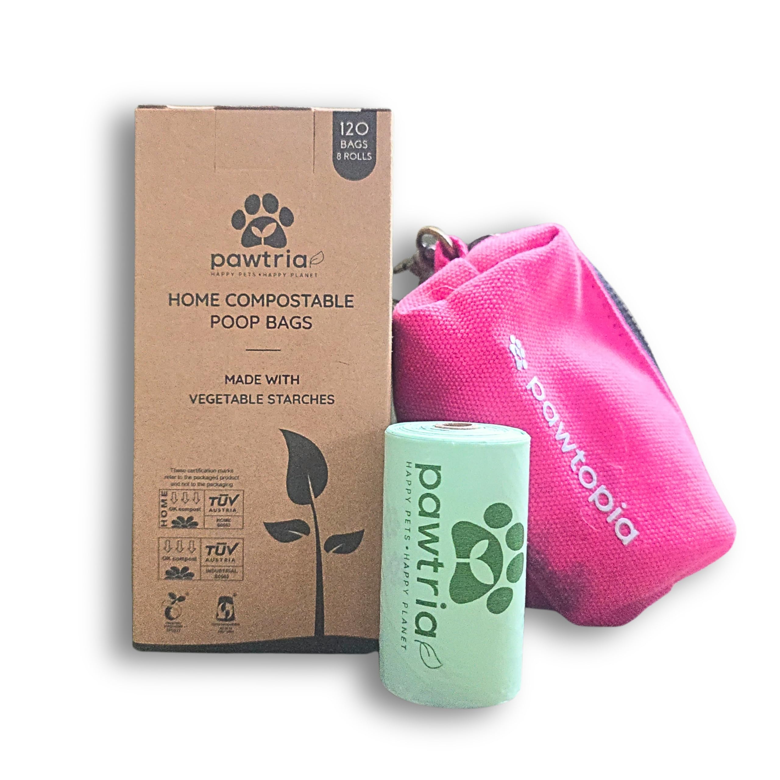 Pawtria Bundle Product Of 120 Pet Waste Bags And 1 Canvas Dispenser (Pink), Vegetable Starches, Eco-Friendly Dog Waste Bags, Lea