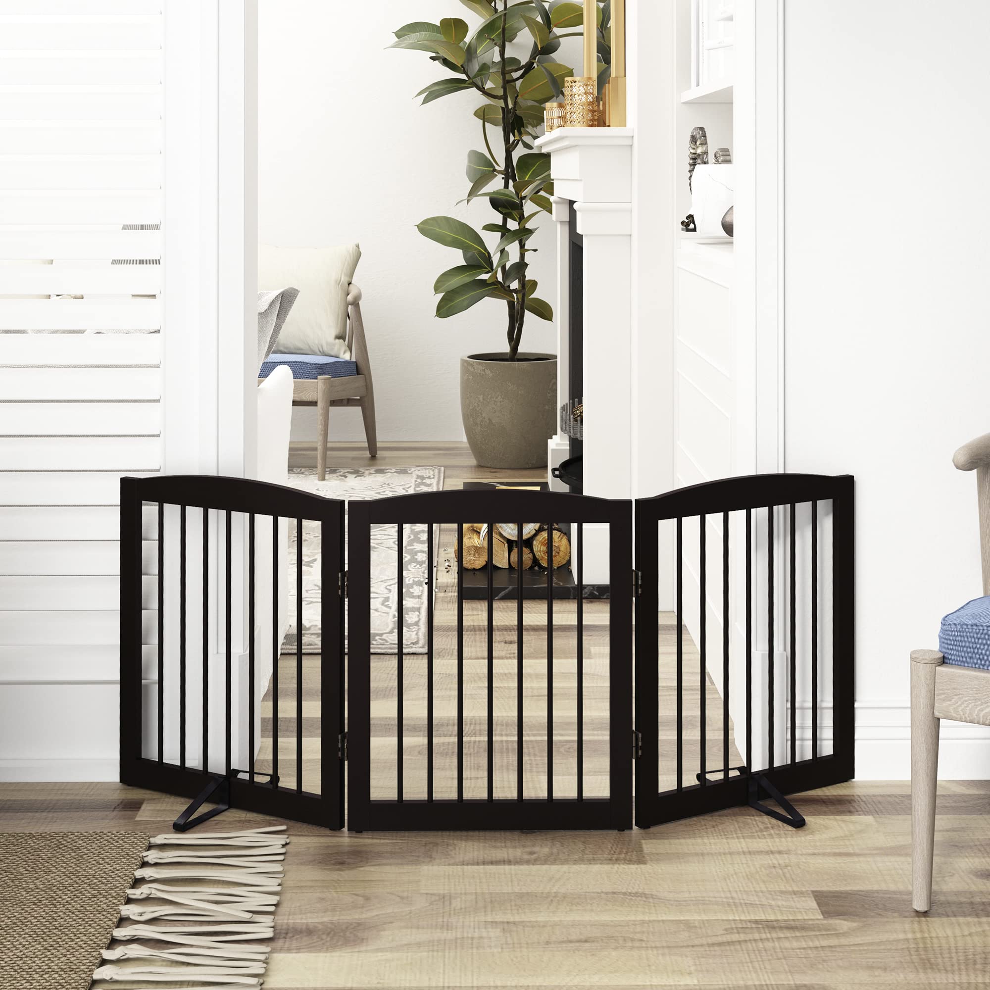 Pupetpo Freestanding Pet Gate For Dogs, Foldable Wooden Dog Gate For House, Indoor Dog Gate For Doorways, Stairs, Step Over Pet Puppy Safety Fence, Support Feet Included, 24' Height 3 Panels, Brown