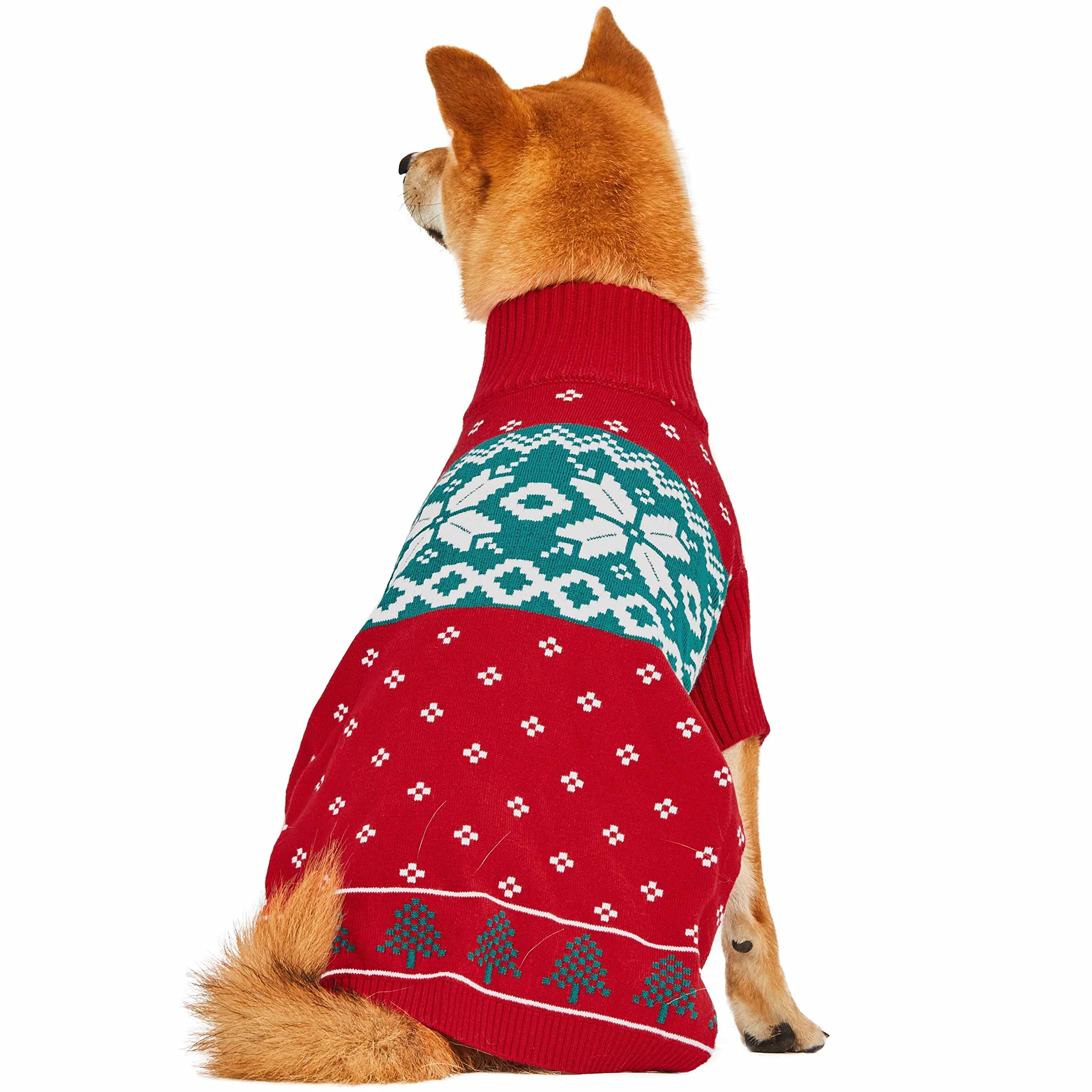 Blueberry Pet Christmas Tree And Snowflake Dog Sweater In Festive Red, Back Length 12', Pack Of 1 Clothes For Dogs