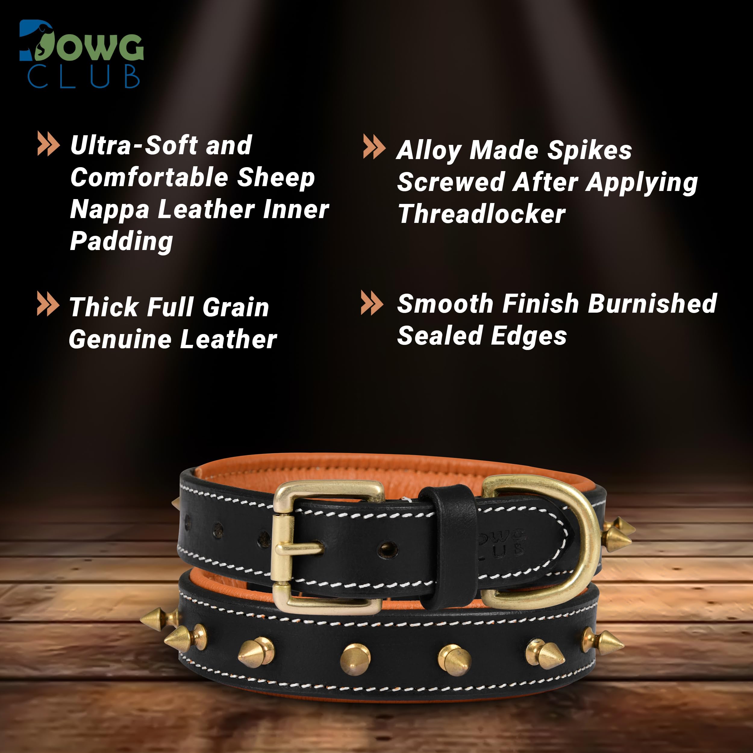 Dowgclub | Genuine Leather Spike Dog Collar | 1'' Wide | Full Grain, Heavy Duty | Comfortable, Strong, Inner Padded | Best For S