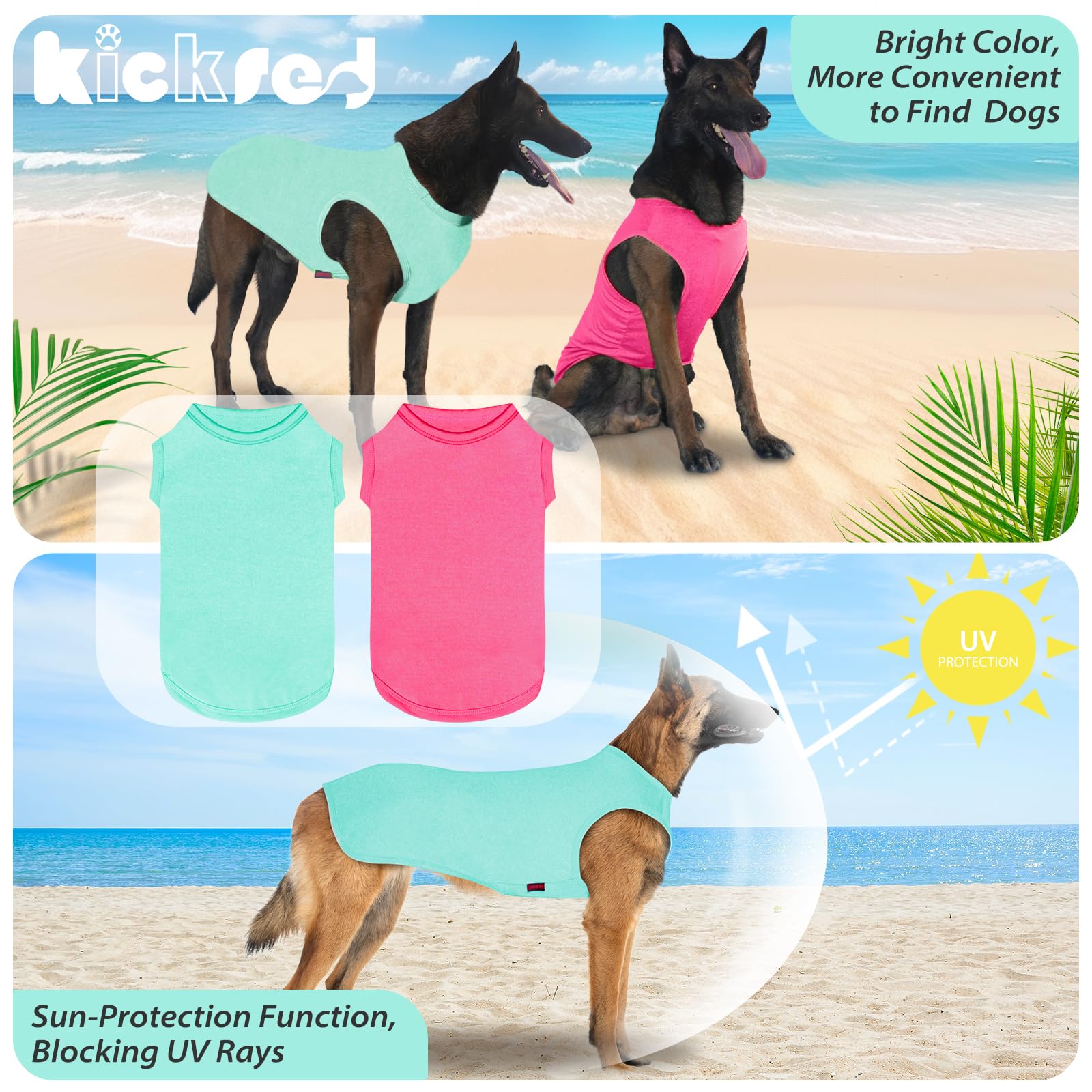 Kickred 2 Pack Dog Shirts, Quick Dry Breathable Dog Clothes Pet Sleeveless Vest, Lightweight Stretchy Tank Top T-Shirts For Dogs