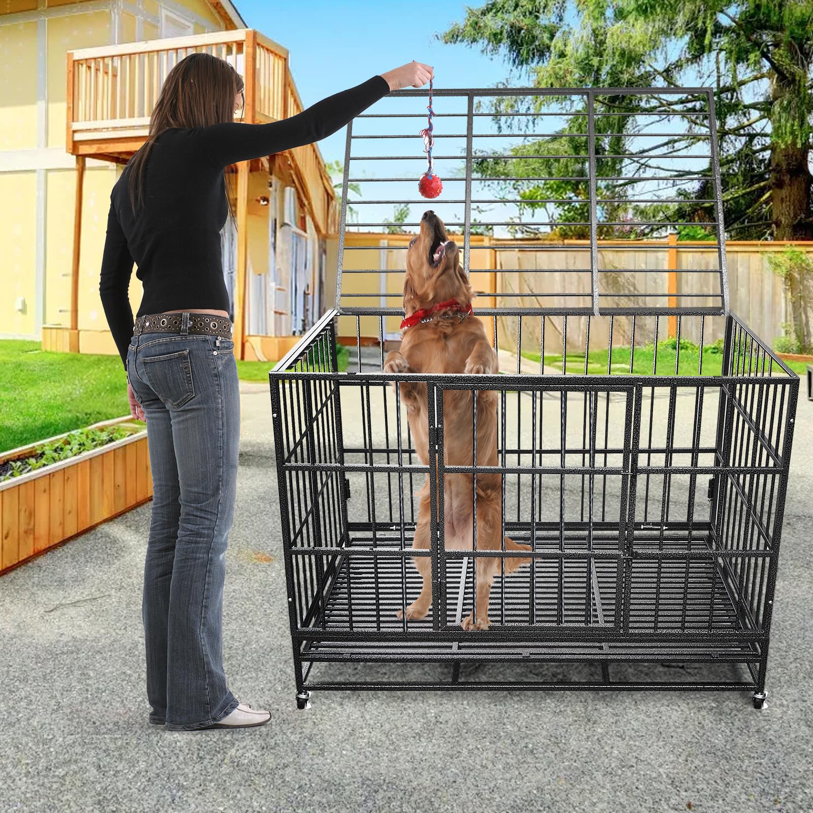 Xpiy Large Dog Crate - 57/48 Inch Metal Kennel For Medium And Small Dogs, Safe Indoor & Outdoor Xl Big Puppy Cage, Pet Playpen Y