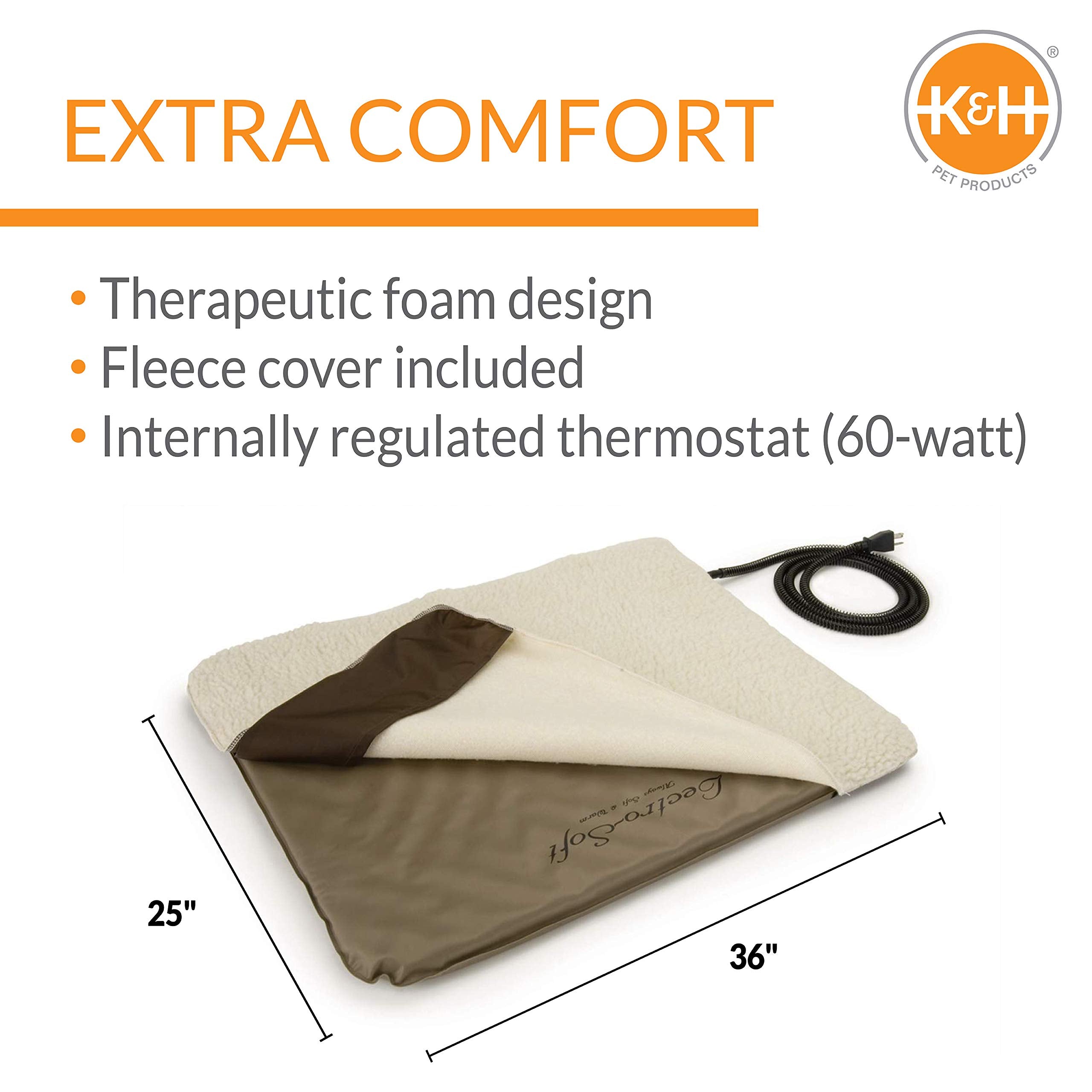 K&H Pet Products Lectro-Soft Outdoor Heated Dog And Cat Bed, Electric Thermostatically Controlled Orthopedic Pet Pad Tan Large 25 X 36 Inches