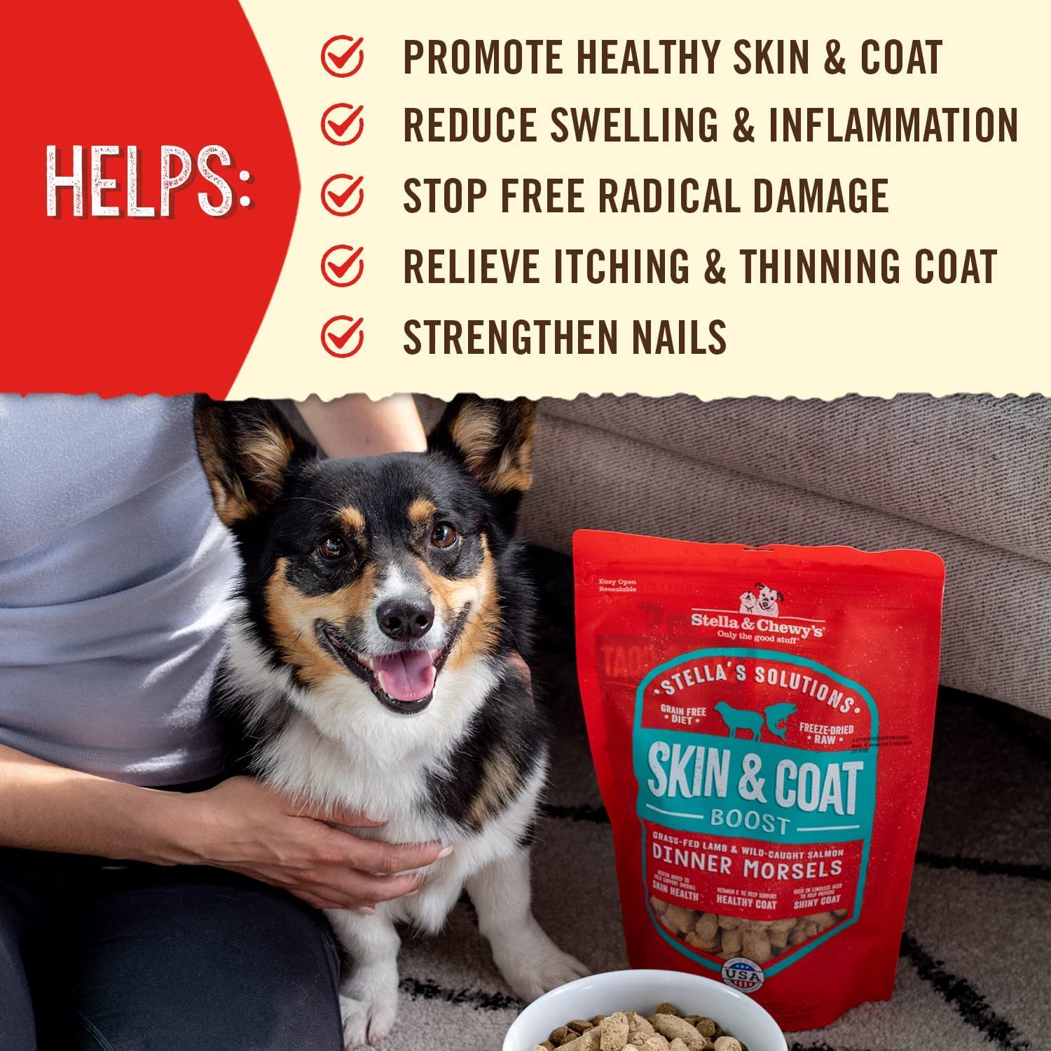 Stella & Chewys - Stellas Solutions Skin & Coat Boost - Grass-Fed Lamb & Wild-Caught Salmon Dinner Morsels - Freeze-Dried Raw,