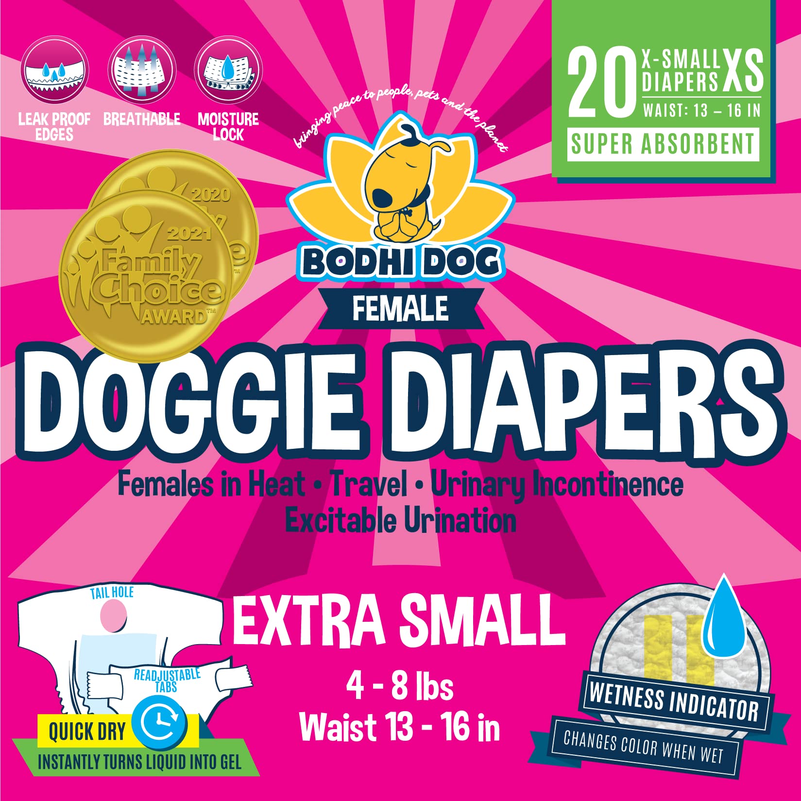 Bodhi Dog Disposable Female Dog Diapers - Super Absorbent Dog Diapers for Female Heat Cycle - Adjustable Fit Pee Wraps for Potty