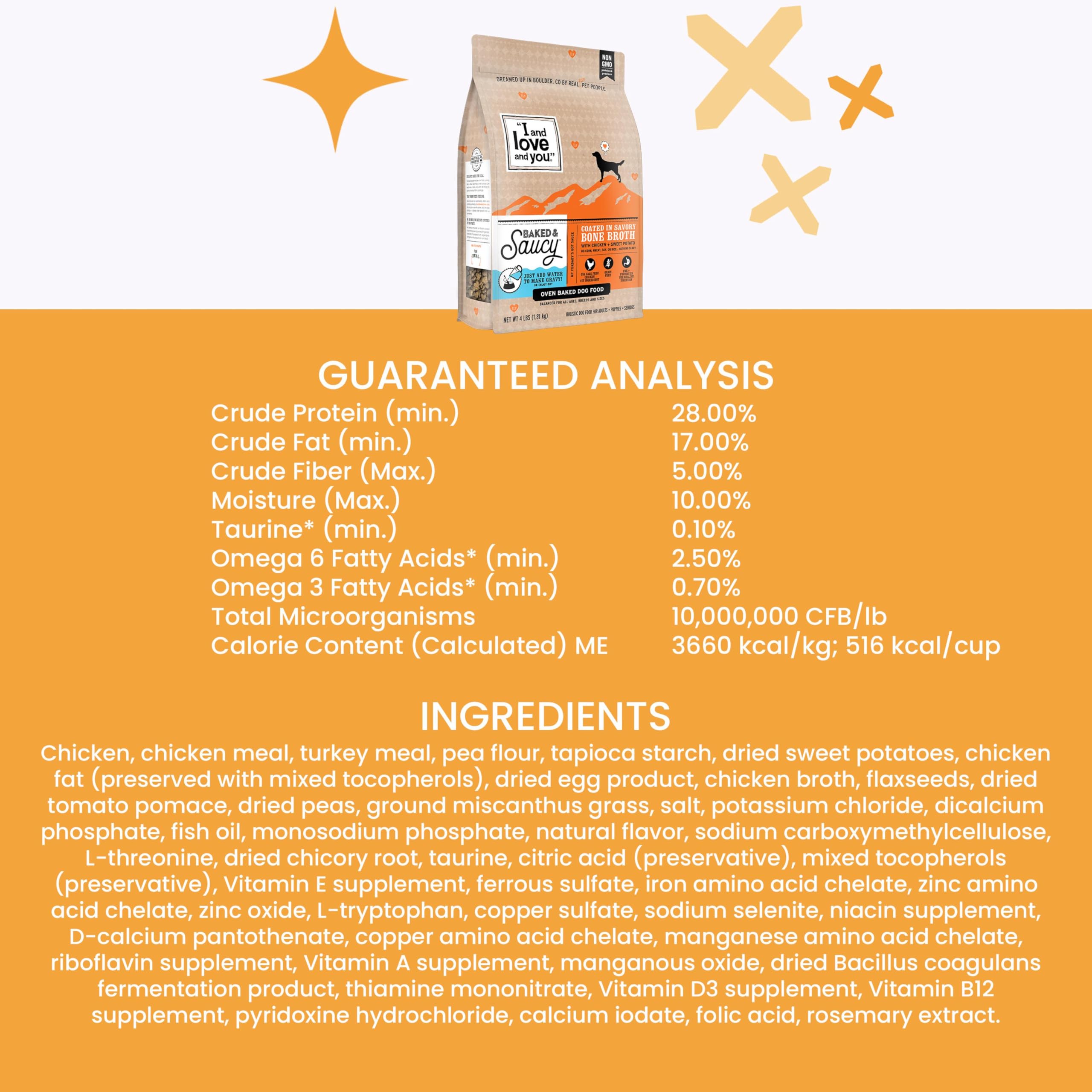I AND LOVE AND YOU Baked and Saucy Dry Dog Food - Chicken + Sweet Potato - Prebiotic + Probiotic, Real Meat, Grain Free, No Fill