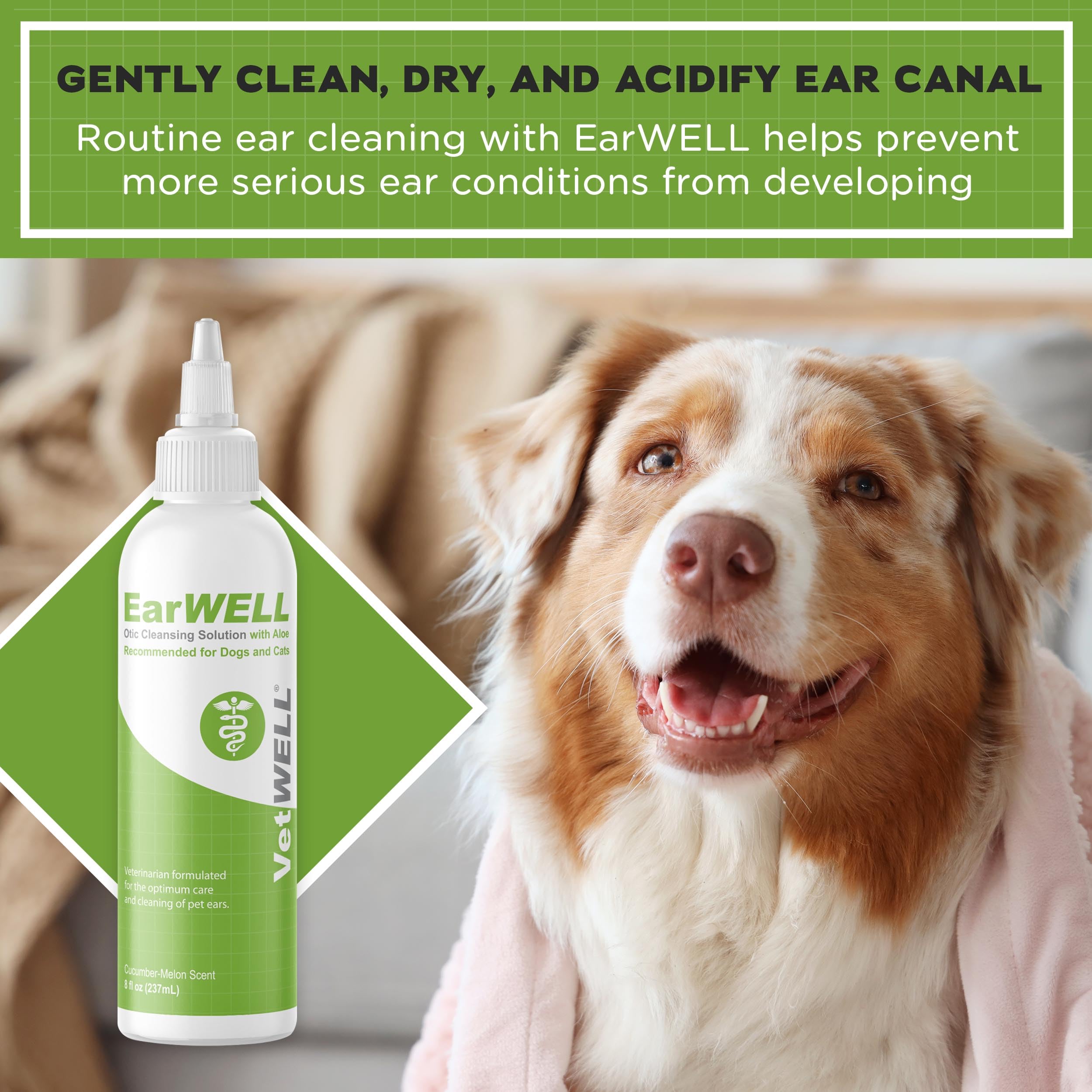 Vetwell Ear Cleaner For Dogs And Cats - Otic Rinse For Infections And Controlling Ear Infections And Odor In Pets - 8 Oz (Cucumber Melon)