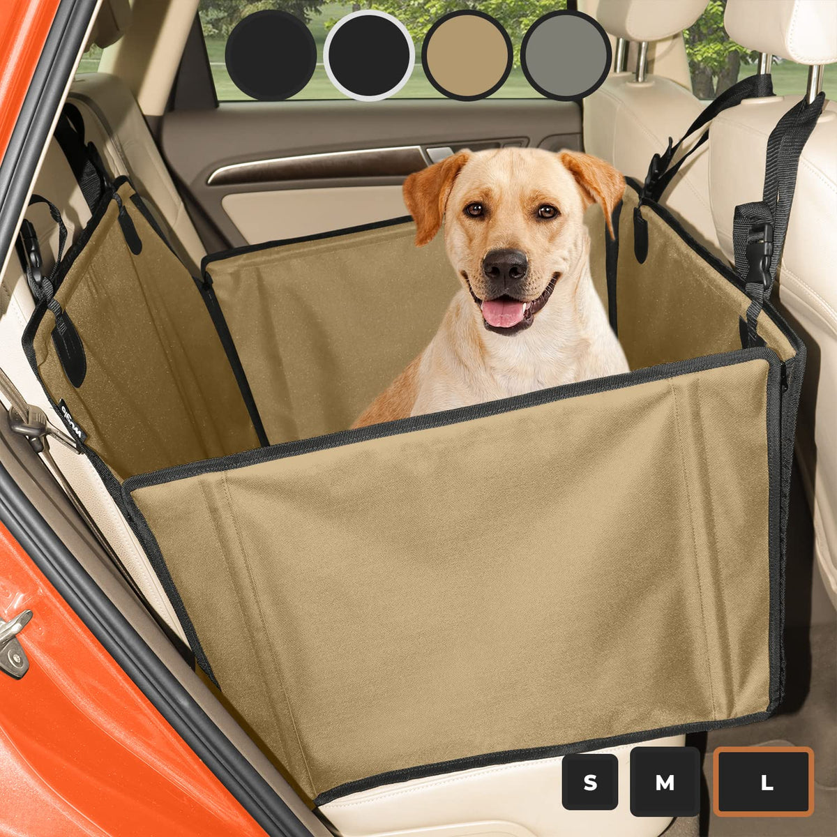 Wuglo Extra Stable Dog Car Seat - Reinforced Car Dog Seat For Medium-Sized Dogs With 4 Fastening Straps - Robust And Waterproof Pet Car Seat For The Back Seat Of The Car (L Size, Beige/Black)