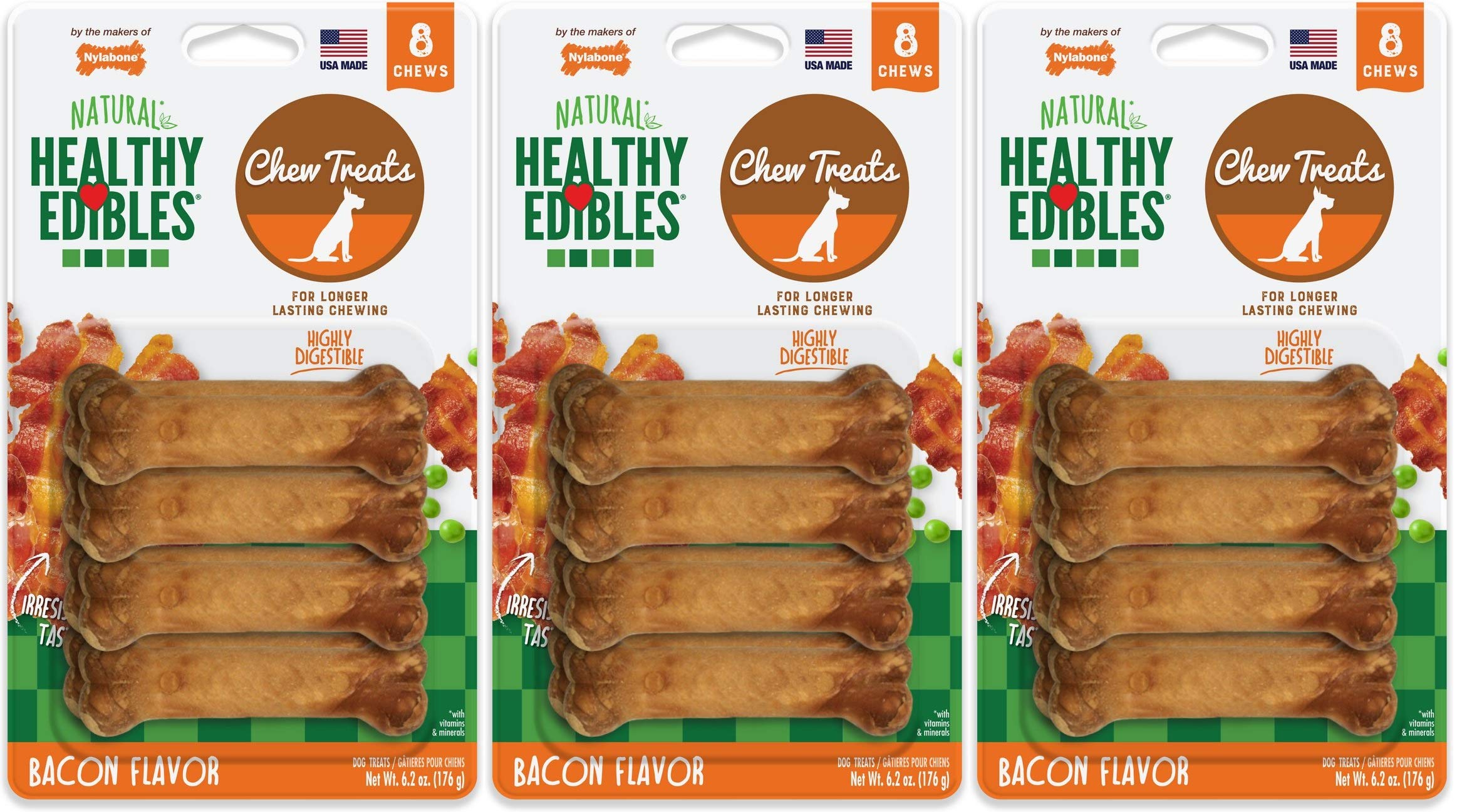 Nylabone Healthy Edibles Long Lasting Chew Treats. (4) 8 Count Pakcs of Bacon Flavor Tereats for X-Small/Petite Dogs. 32 Total T