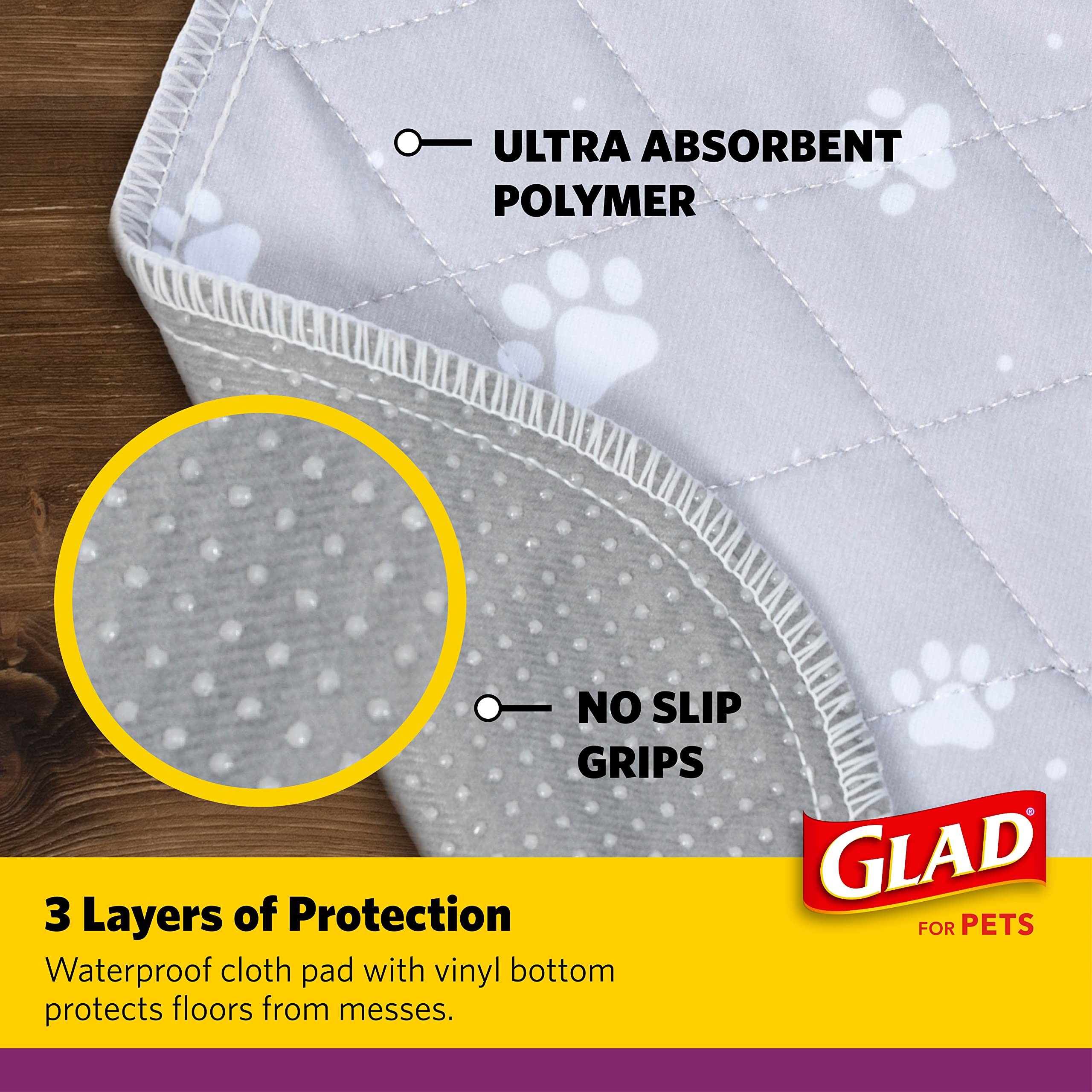 GLAD for Pets Washable Training Pads, Medium Size (24   x36   ), 2 Pack Gray with Paw Prints| Re-usable Cloth Dog Training Pads