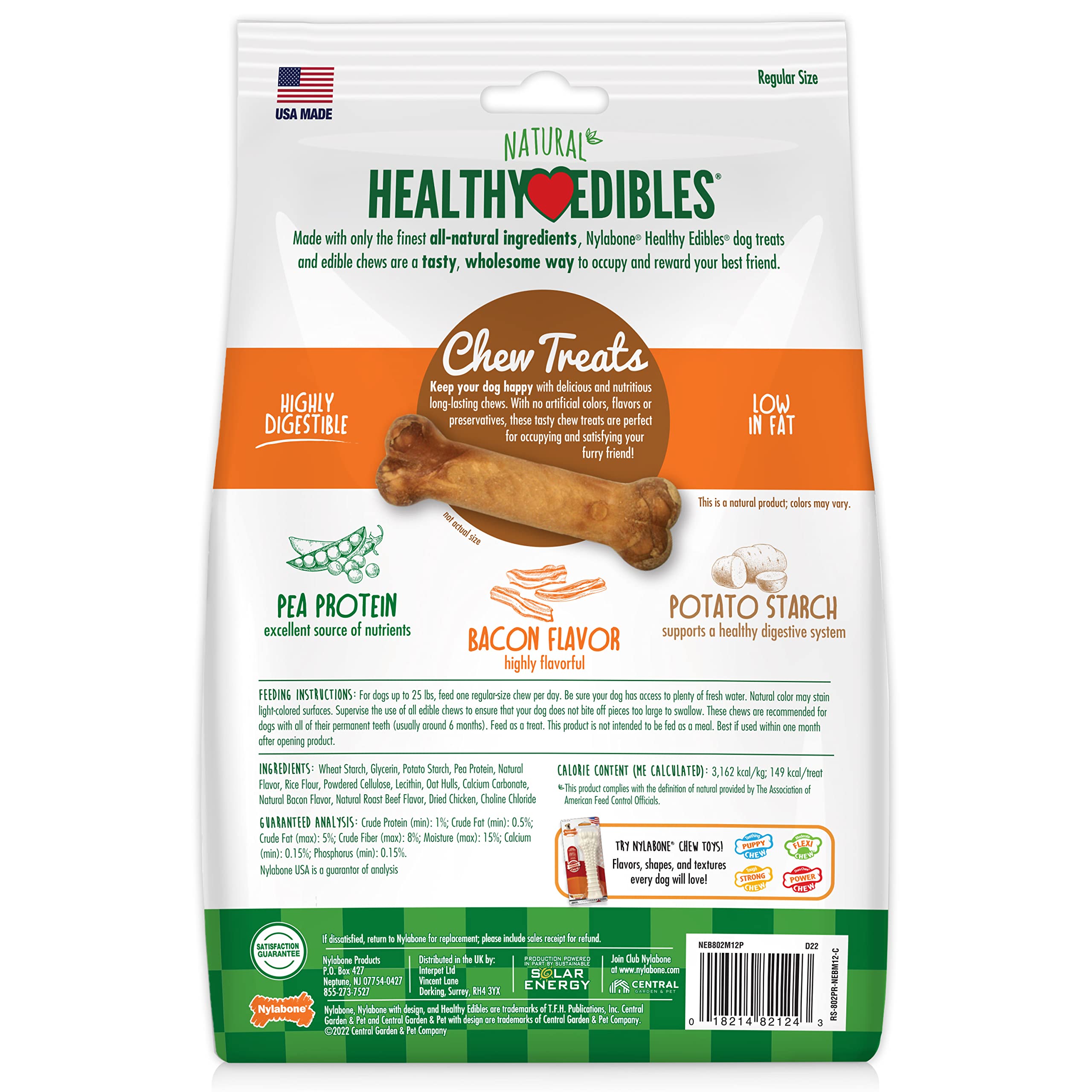 Nylabone Healthy Edibles Natural Dog Chews Long Lasting Bacon Flavor Treats for Dogs, Small/Regular (12 Count)