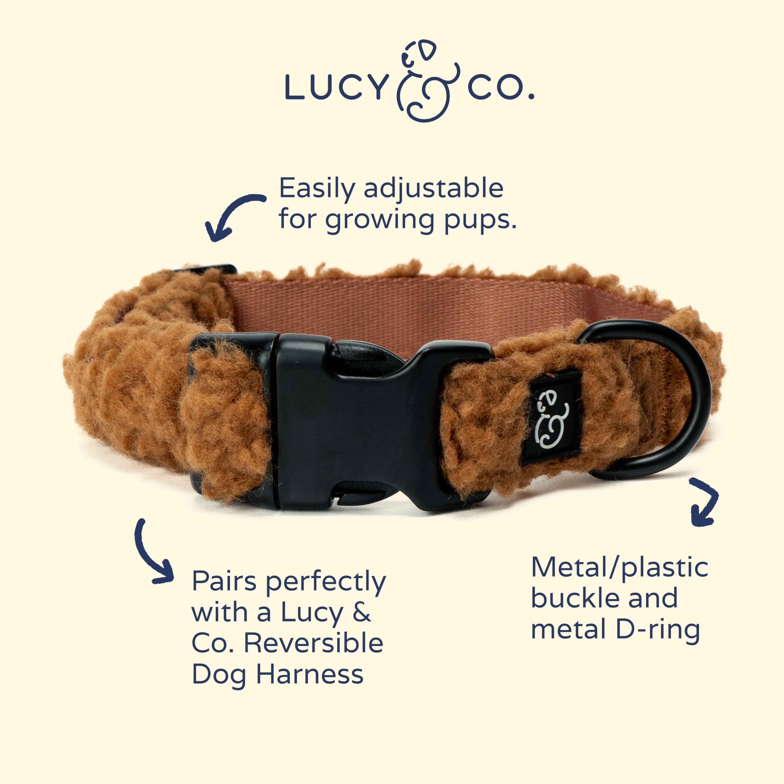 Lucy & Co. The Cinnamon Teddy Collar - Durable Lightweight Designer Collar For Pets - Adjustable Metal Safety Buckle - Small - T