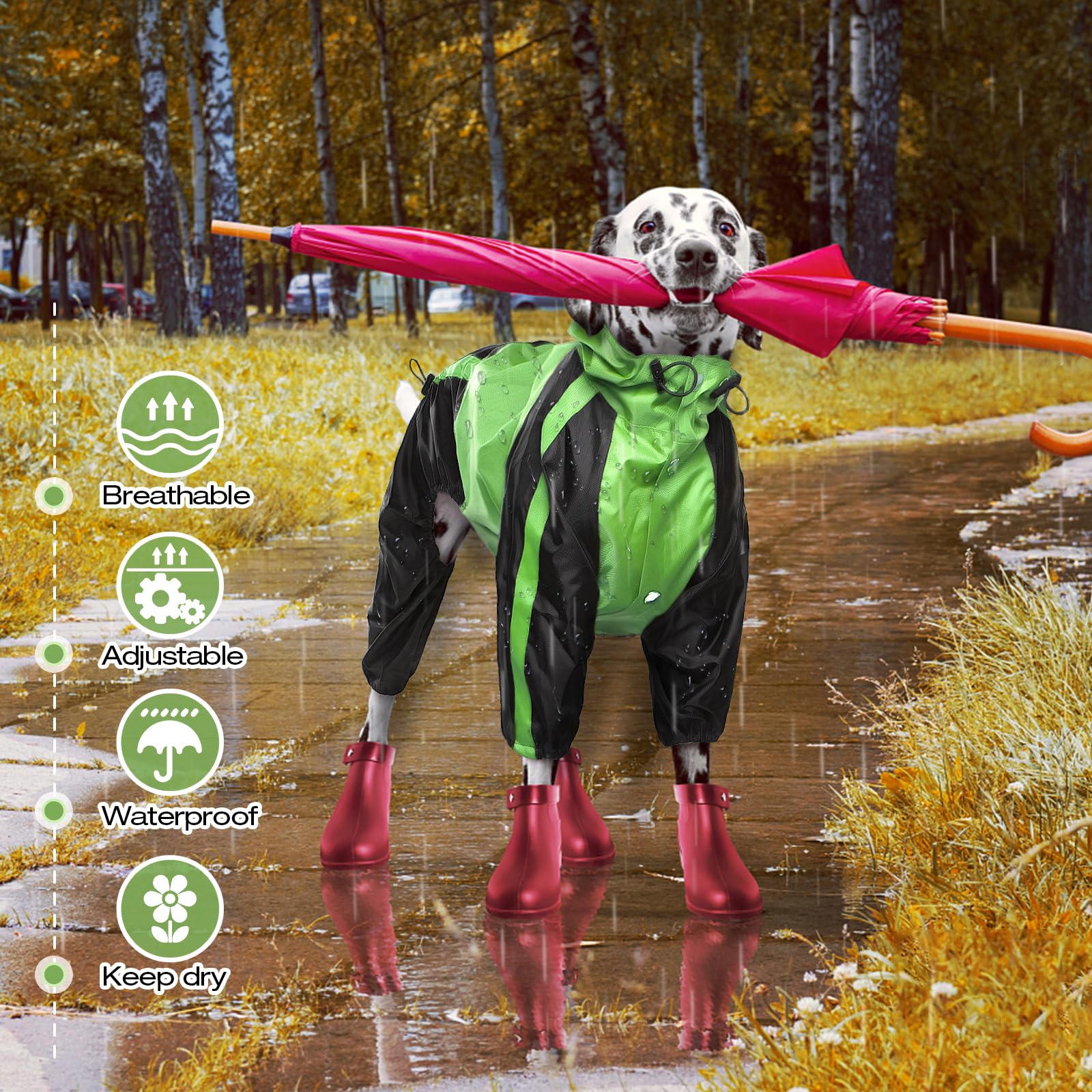 Ouobob Dog Raincoat, Lightweight Rain Jacket, Adjustable 4 Legs Pet Poncho With Hood, Snow-Proof Dog Vest Rainwear, Rain Clothes