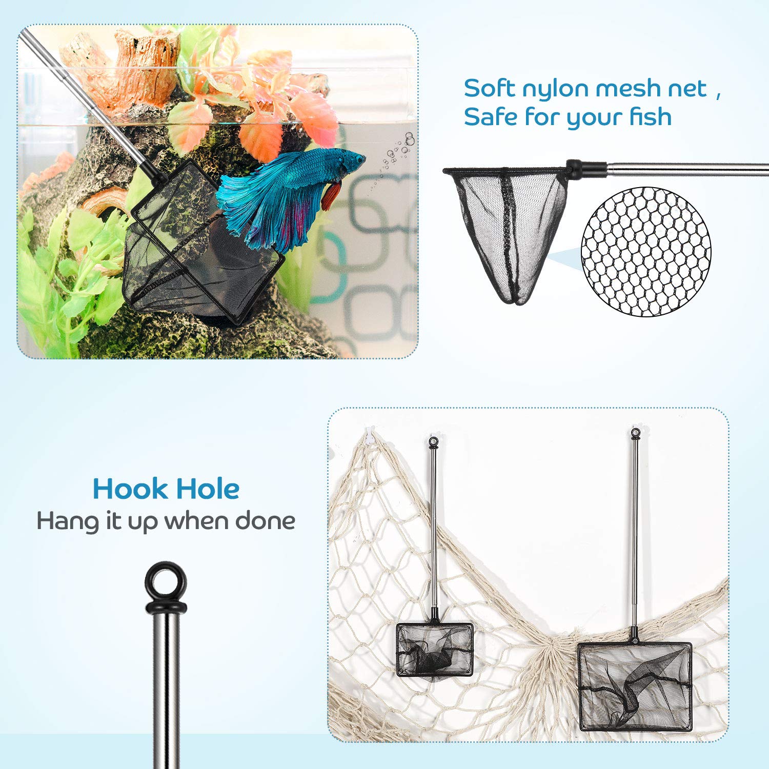 2 Pieces Fish Tank Net Aquarium Mesh Fish Net Long Handle Fish Net with Extendable 12.5-27.5 Inch Stainless Steel Catch Nets for