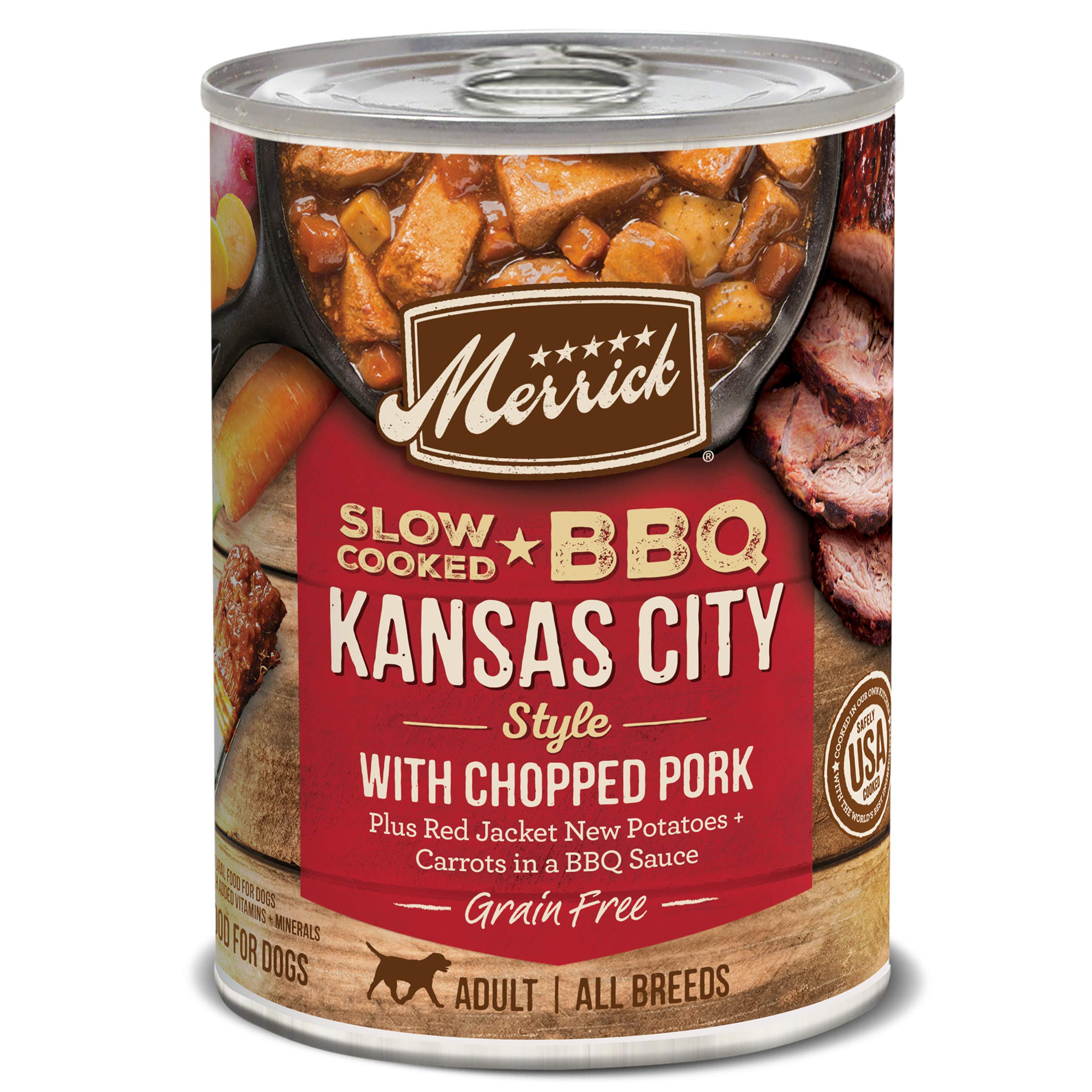 Merrick Slow-Cooked BBQ Premium And Healthy Real Meat Grain Free Canned Dog Food, Kansas City Style With Pork - (Pack of 12) 12.