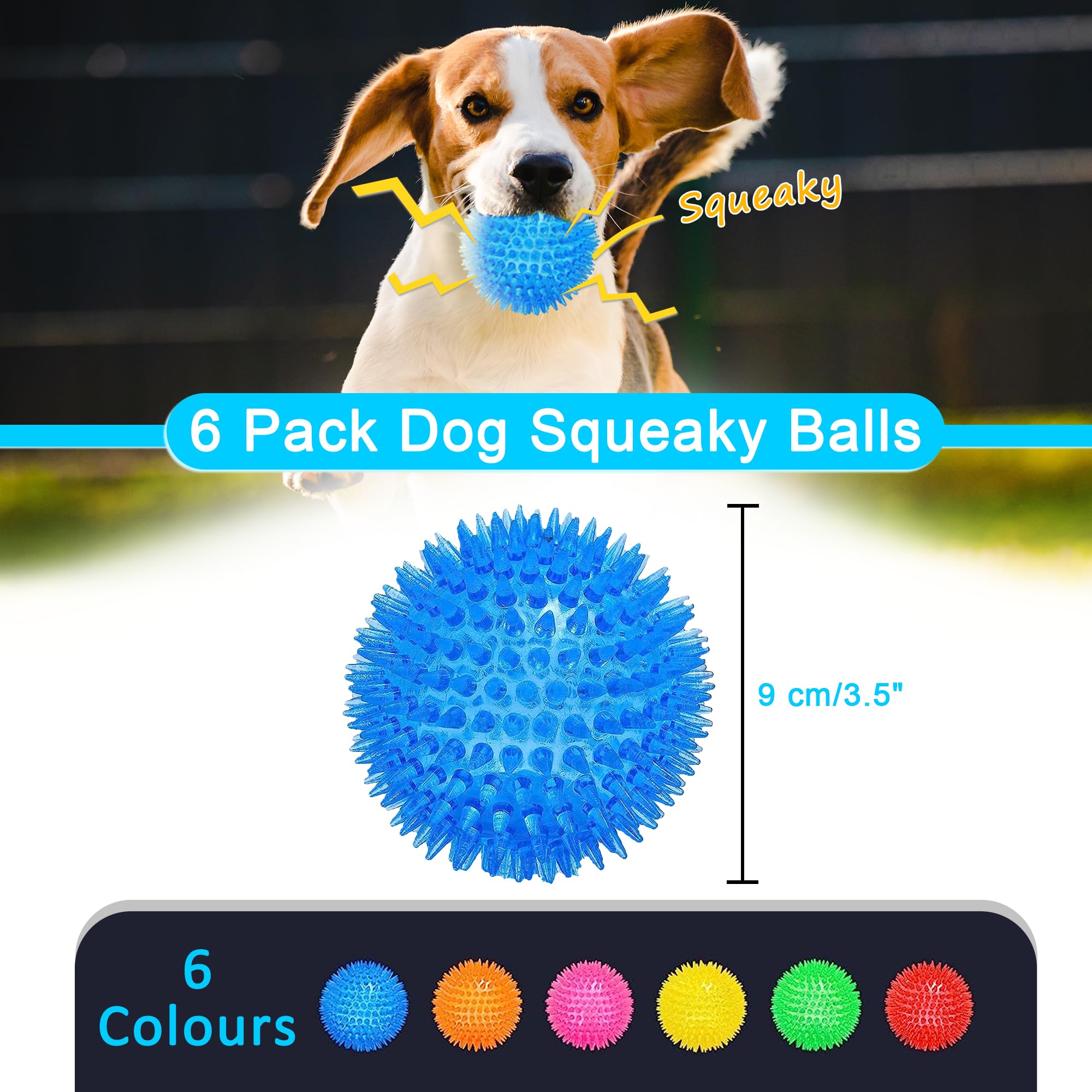 Ousiya 3.5    Squeaky Dog Toy Balls (6 Colors) Dog Toys Spikey Dog Ball for Aggressive Chewers Heavy Duty Teething Large Medium
