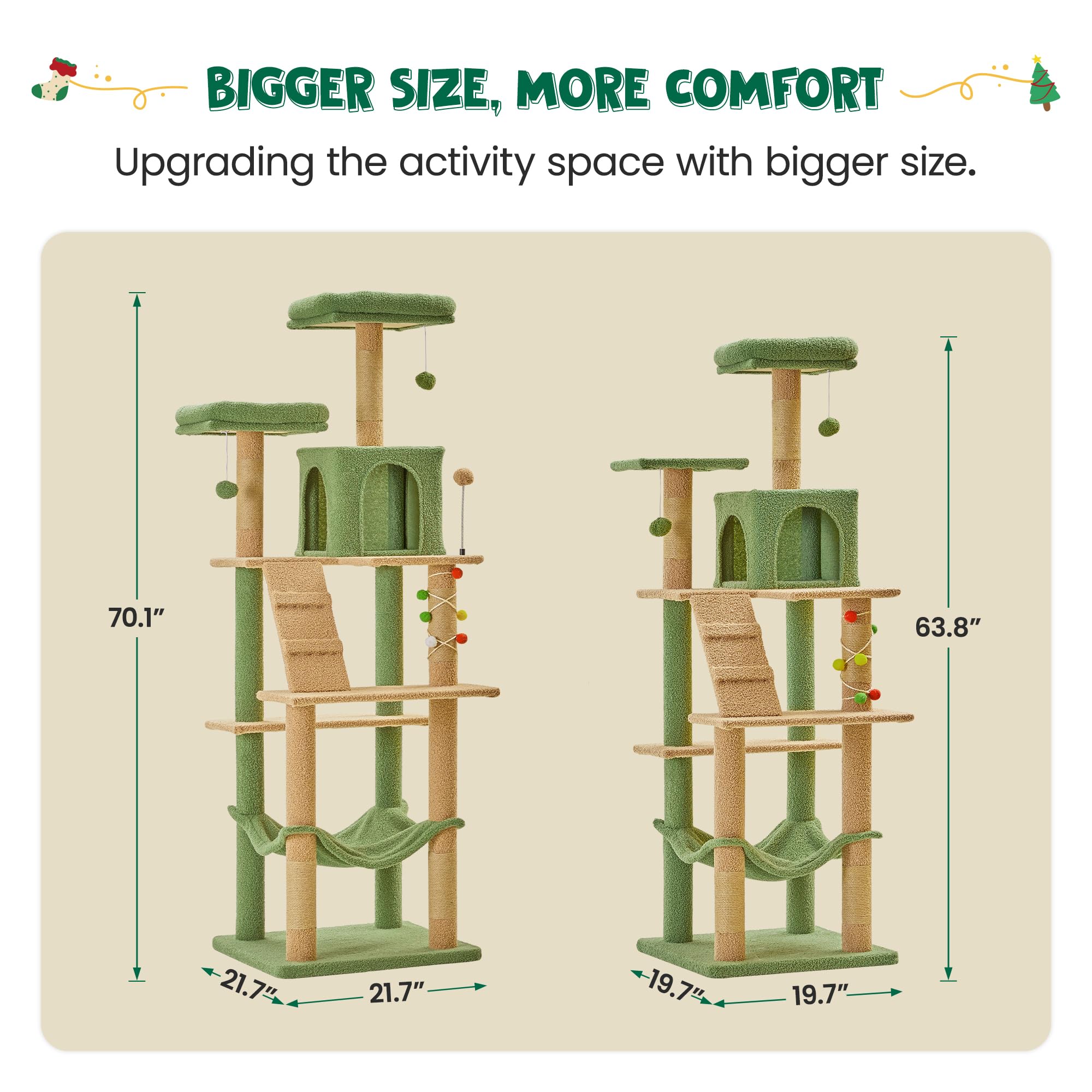 Mwpo 70.1-Inch Green Large Cat Tree, Multi-Level Tall Cat Tower For Indoor Cats, Plush Cat Condo With Big Padded Perches, Sisal-