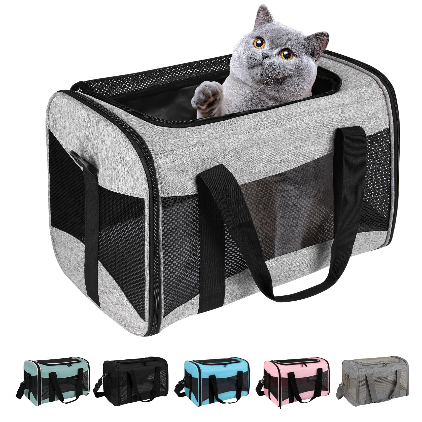 Cat Carrying Case - Pet Carrier Airline Approved, Protable And Breathable Pet Travel Carrier Removable Fleece Pad, Collapsible Cat Carrier Dog Carrier For Medium Cats Small Cats Dogs (Grey&Black M)