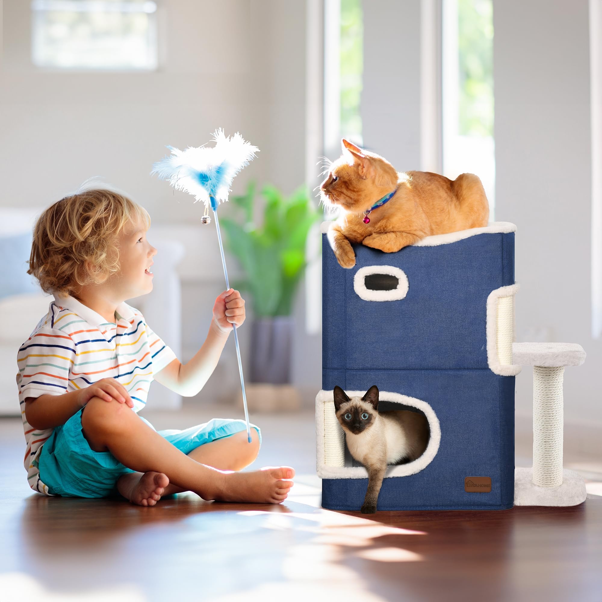 YITAHOME 2-Tier Cat House, Indoor Cat Cave Bed Playhouse, Cat Tunnels with Scratch Pad and Hideaway Cube, Cute Modern Cat Condo