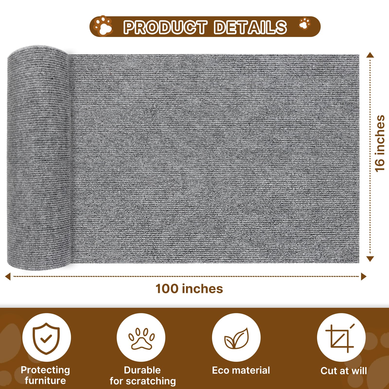 Lanswood Cat Scratching Mat 100''X16'' Timmable Cat Scratch Furniture Protector, Self-Adhesive Scratching Carpet For Post, Diy C