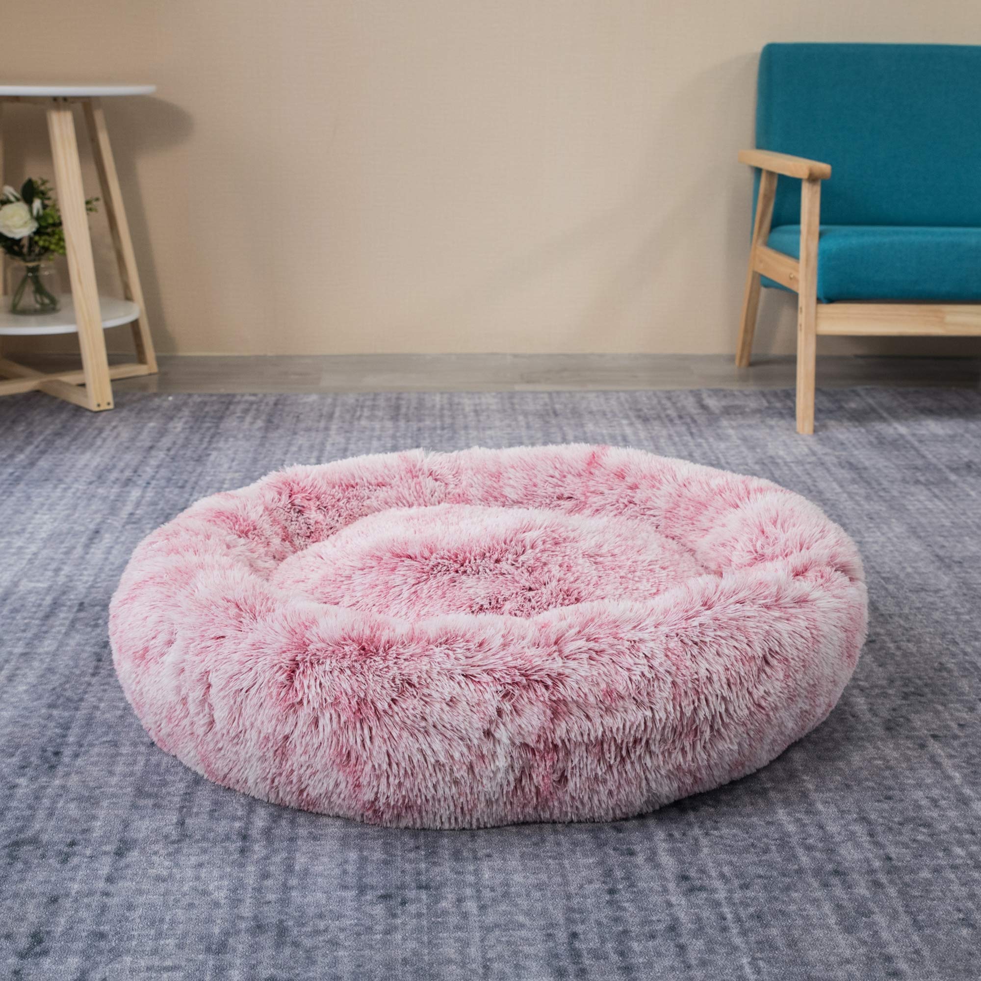 Coohom Oval Calming Donut Cuddler Dog Bed,Shag Faux Fur Cat Bed Washable Round Pillow Pet Bed(30''/36''/43'') For Small Medium D
