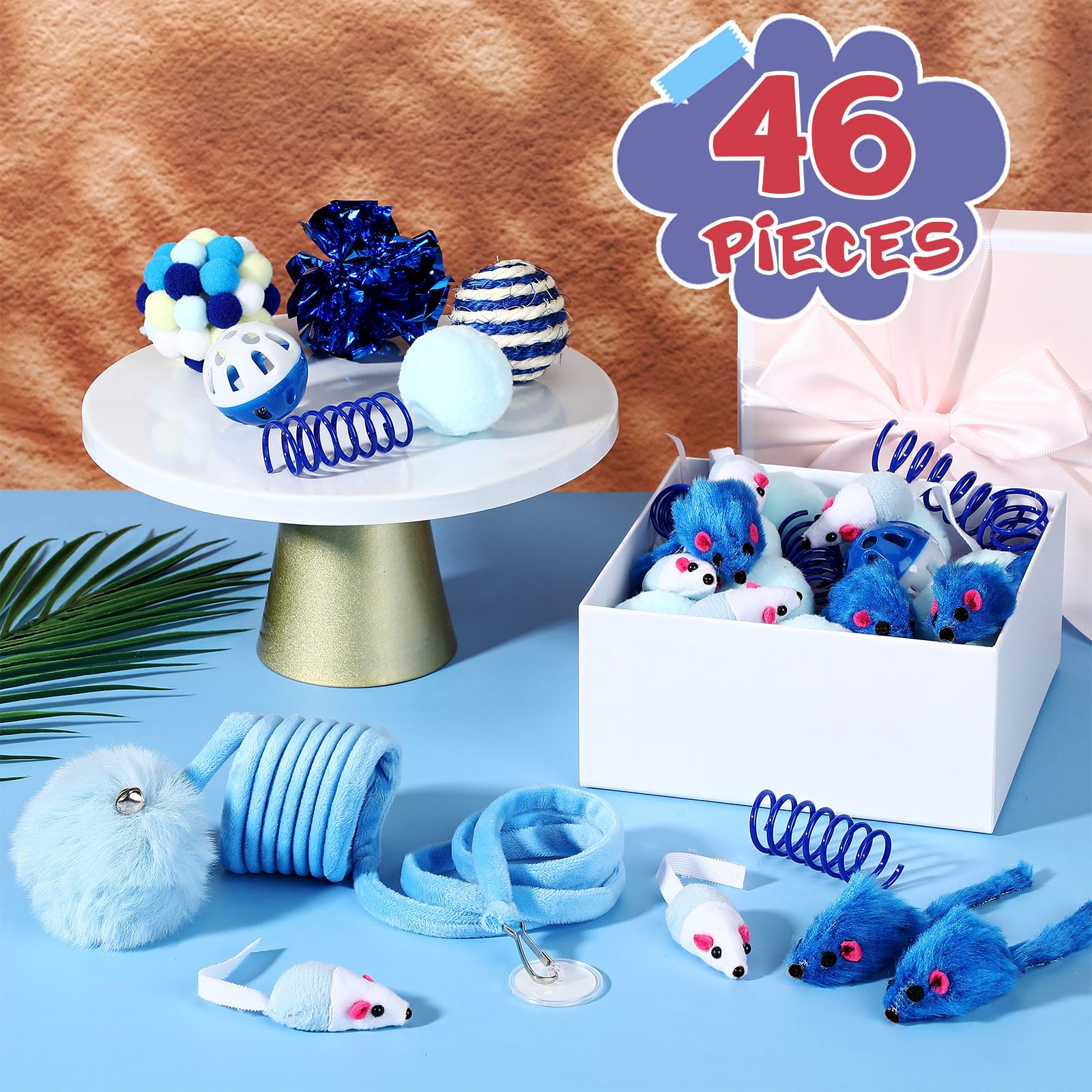 Gemscream 46 Pcs Cat Toys Set Interactive Cute Cat Toys Include Fur Mice Rattle Springs Crinkle Balls Pompom Bell Sisal Ball Puz