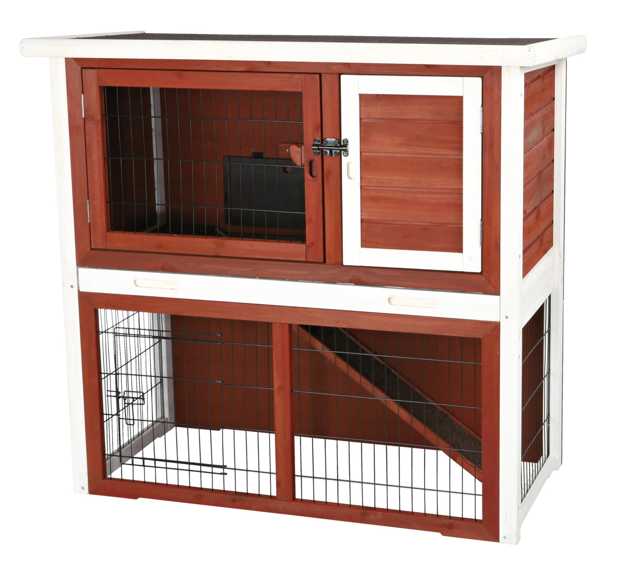 Trixie Natura Single Rabbit Hutch With Run, 2-Story With Ramp, Flat-Hinged Roof, For Rabbits Or Guinea Pigs, Gray, Medium