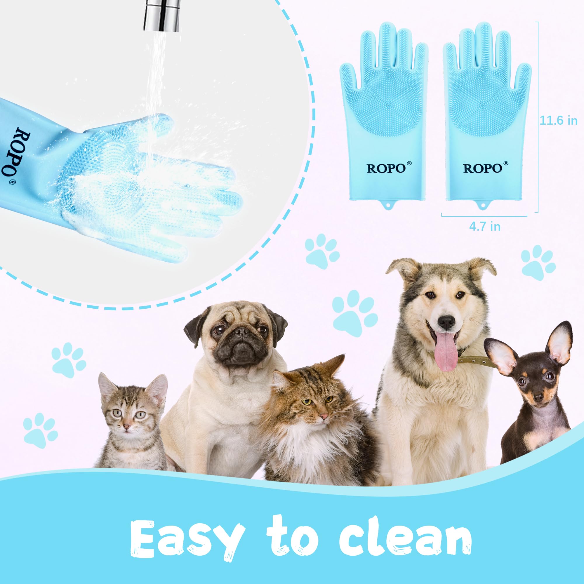 Ropo Silicone Gloves For Pet Grooming, Multi-Functional Gloves For Pet Hair Shedding, Bathing, And Massage (Blue)