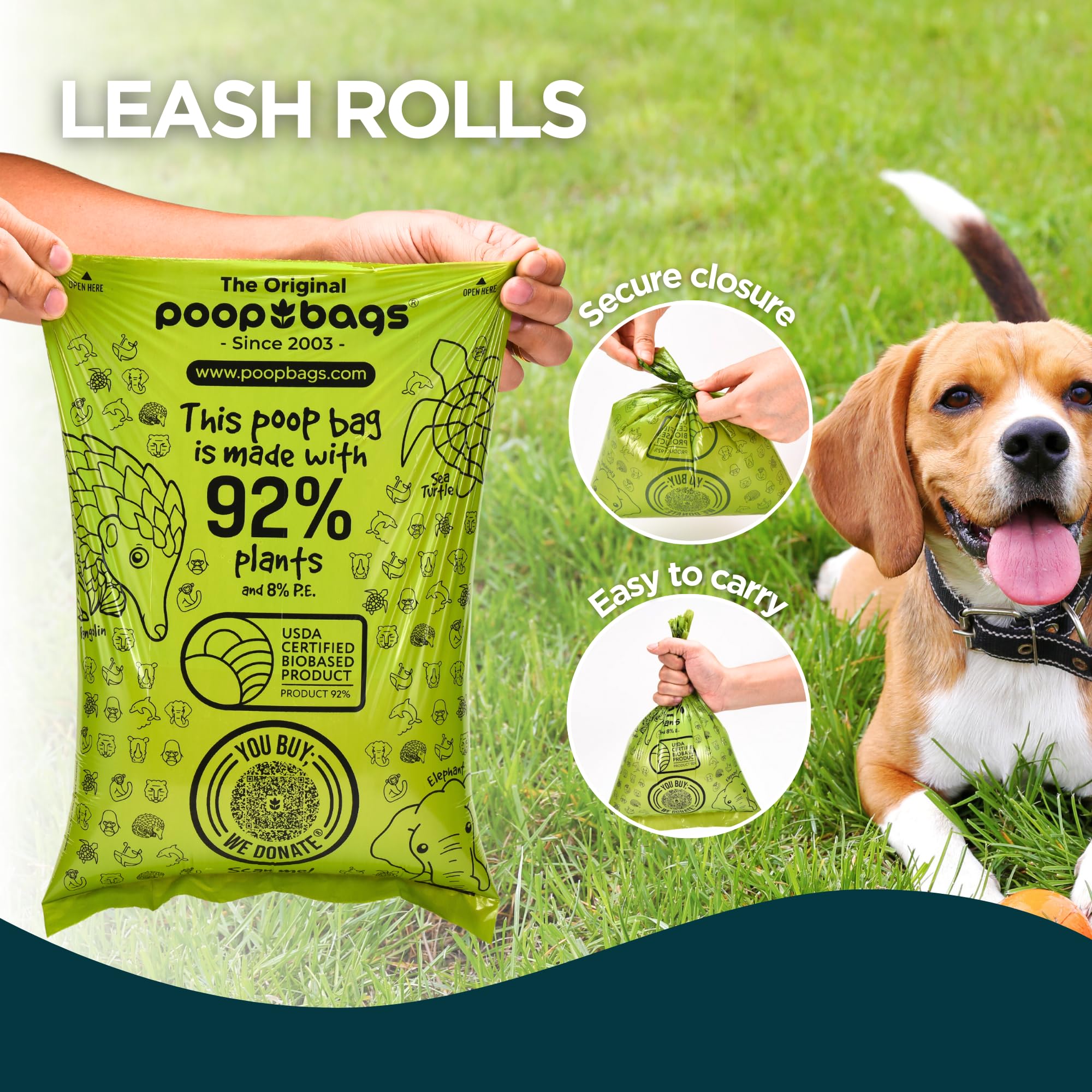The Original Poop Bags - 92% Plant-Based Dog Waste Bags, Extra-Thick & Leakproof, Usda Certified Biobased, Unscented, 60 Bags (4